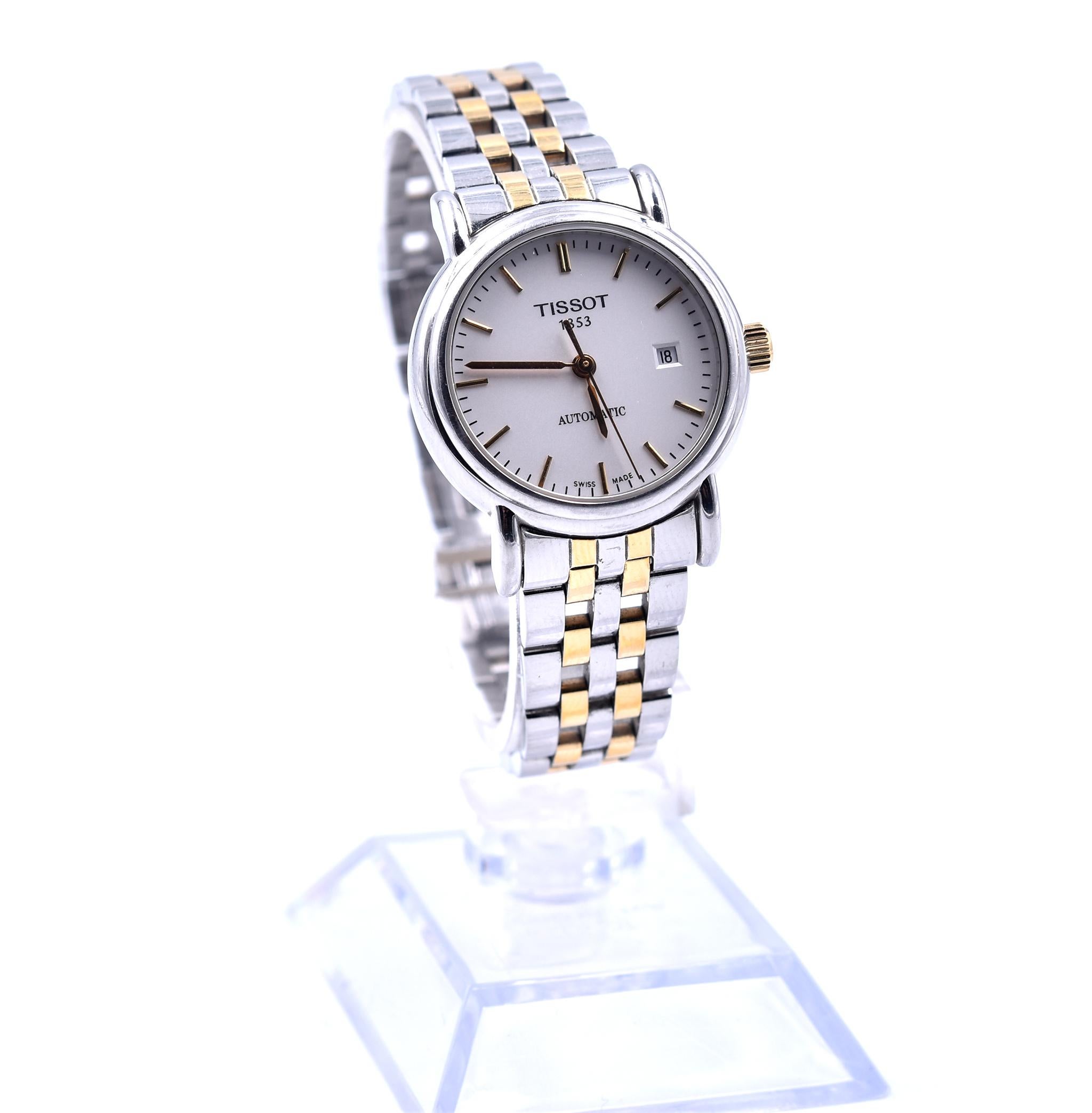 Movement: automatic
Function: hours, minutes, seconds
Case: 27mm stainless steel case, diamond bezel, sapphire protective crystal, push/pull crown
Band: stainless steel and gold plated bracelet with double fold over clasp, will fit 6 ½-inch