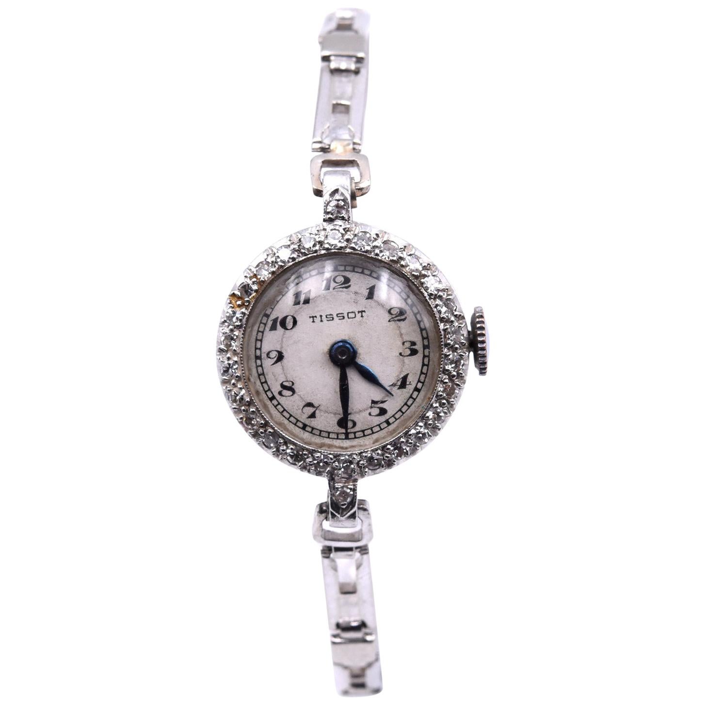 Tissot Ladies Vintage Platinum 14 Karat Gold Bracelet Watch with Diamond Bezel