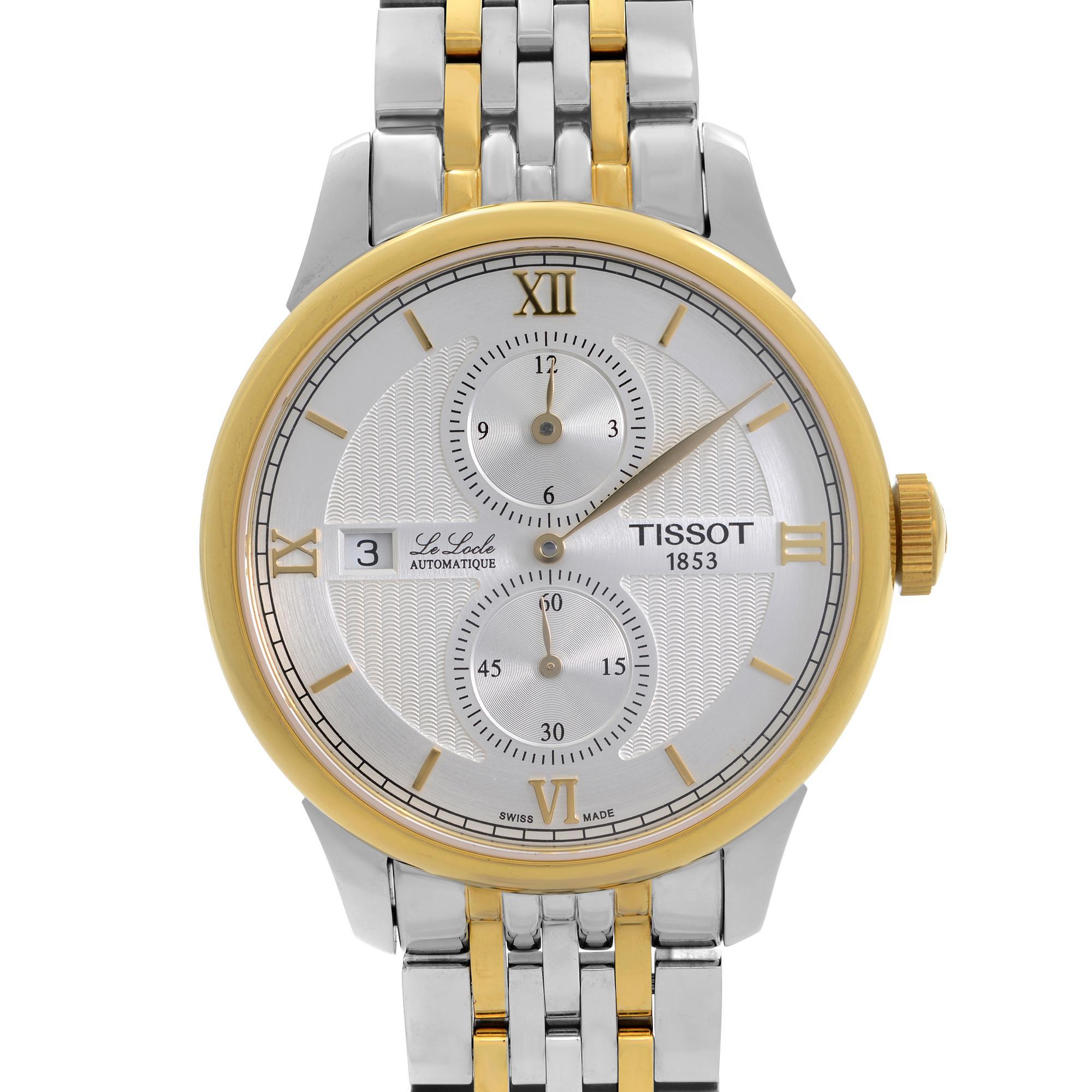 Pre-owned mint Tissot Le Locle Automatic Regulator Two-Tone Silver Dial Watch T006.428.22.038.02. The watch was never owned but has micro Scratches On the Gold-Tone Bezel And Bracelet visible Under Closer Inspection due to storing and Handling. This