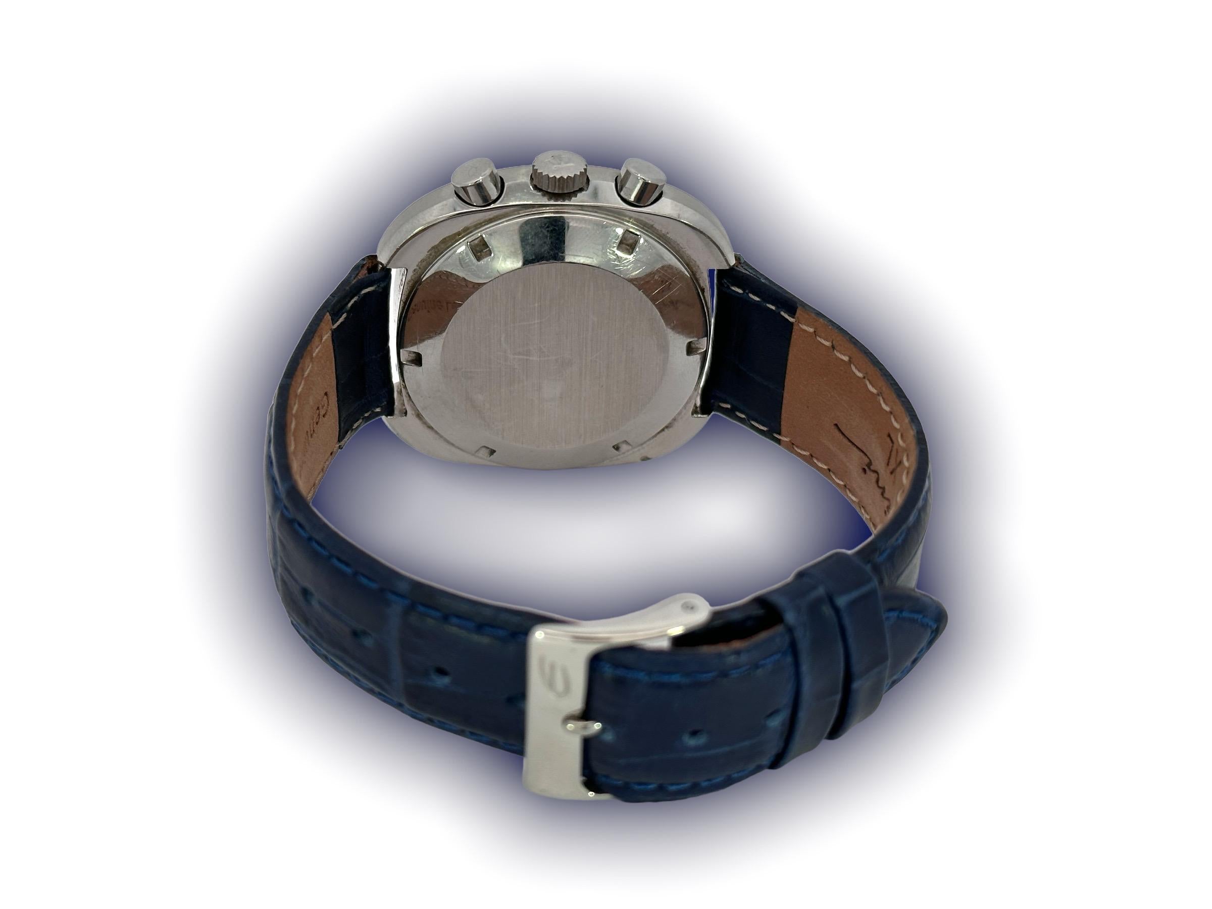 Montre chronographe automatique Tissot Navigator en acier avec cadran tachymétrique bleu, Cal. Lemania en vente 2