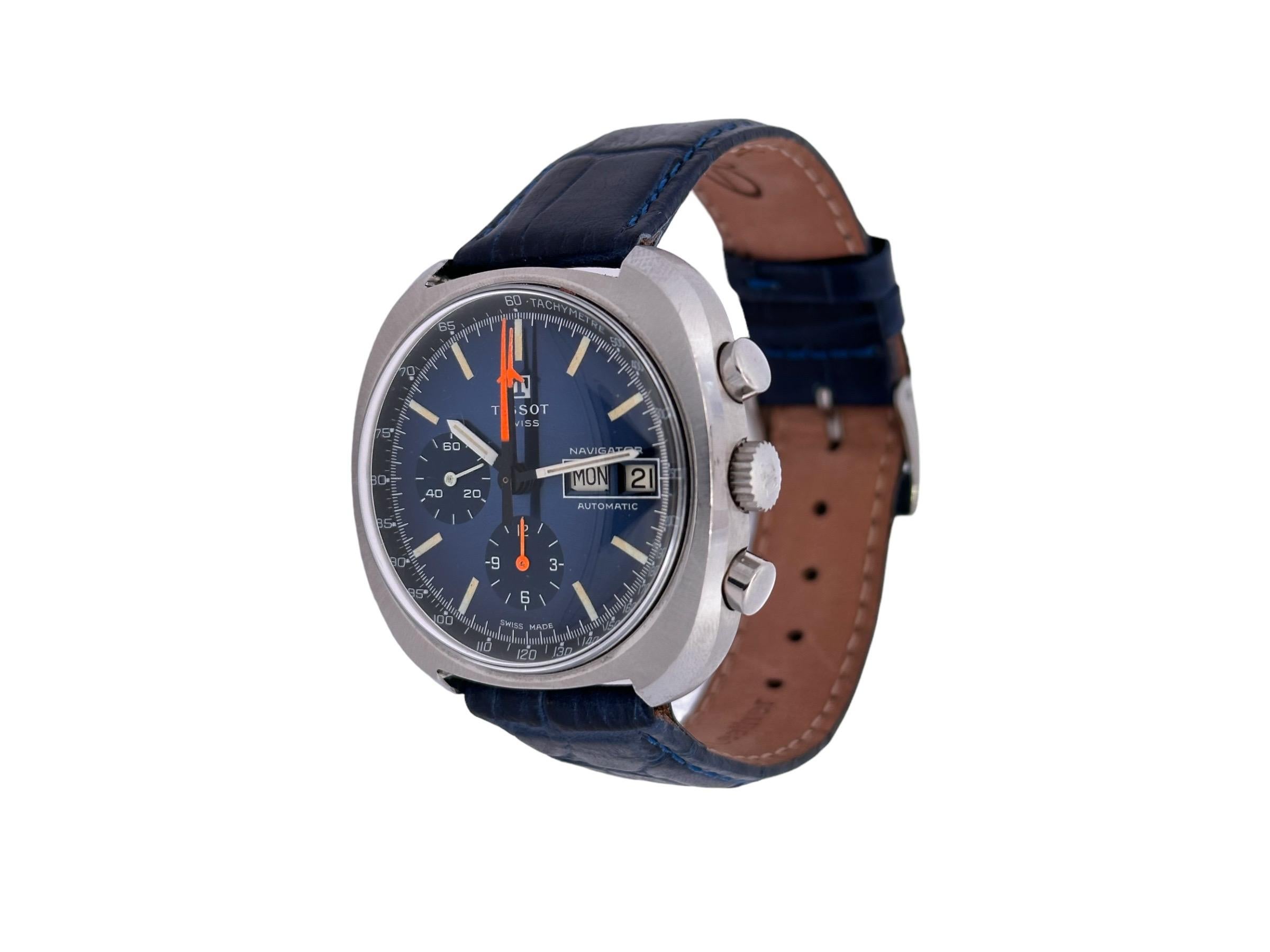 Montre chronographe automatique Tissot Navigator en acier avec cadran tachymétrique bleu, Cal. Lemania en vente 4