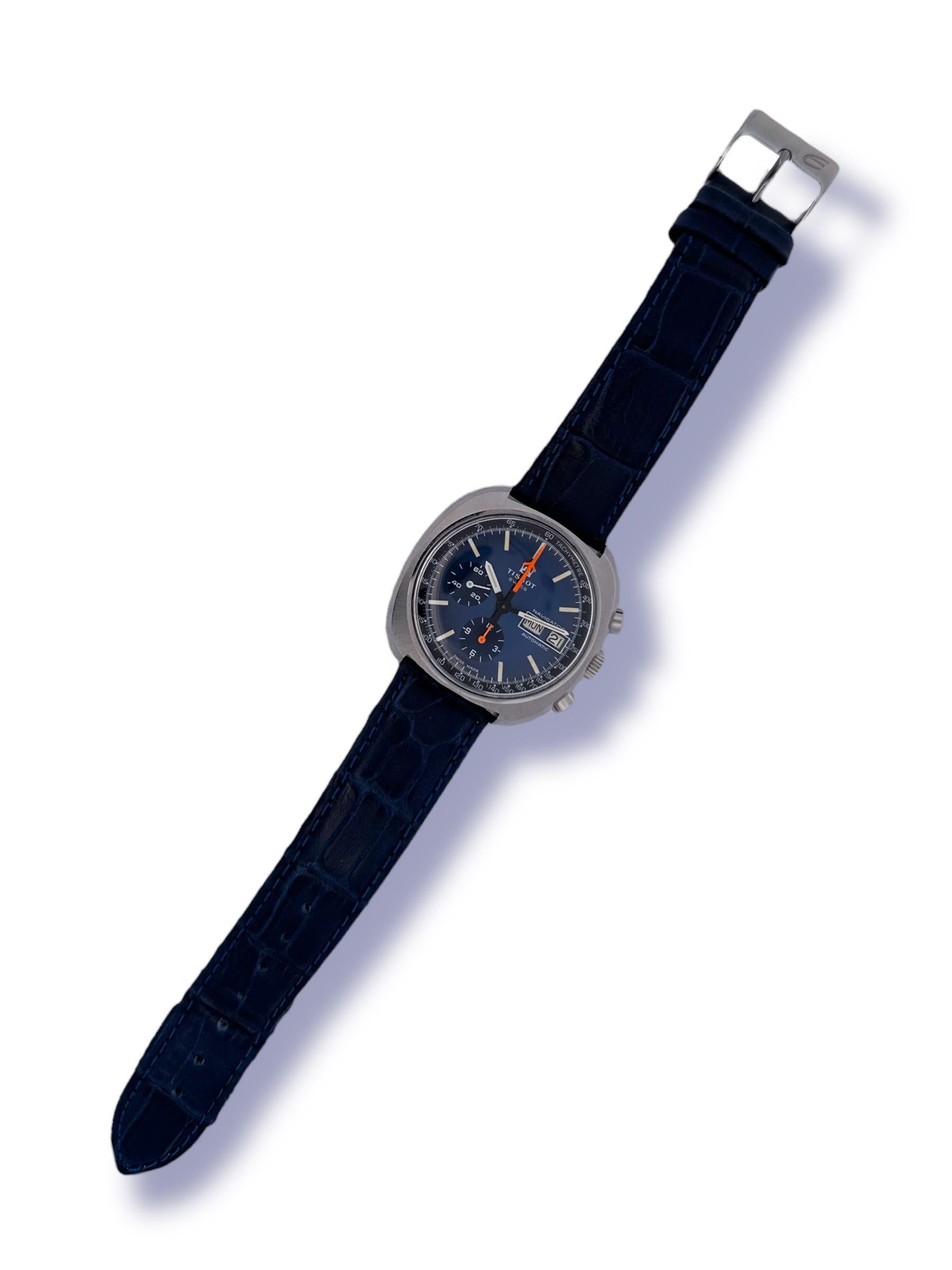 Montre chronographe automatique Tissot Navigator en acier avec cadran tachymétrique bleu, Cal. Lemania en vente 5