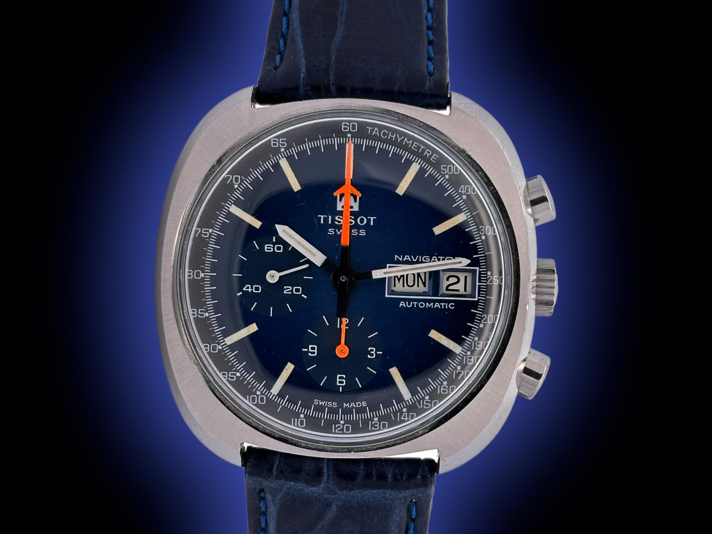 Montre chronographe automatique Tissot Navigator en acier avec cadran tachymétrique bleu, Cal. Lemania en vente 6
