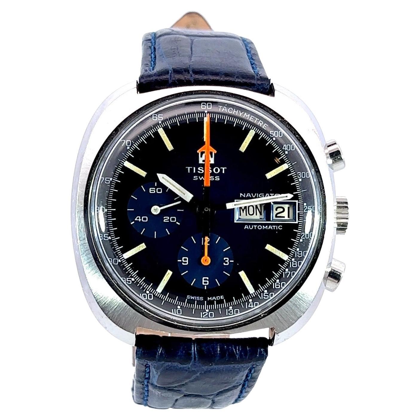 Tissot Navigator Automatic Chronograph Steel Tachymeter Blue Dial

Super Condition, Collectors Watch

Movement: Automatic, Caliber Lemania 1341

Case: Steel case, Diameter 39.7mm x 36.7mm Thickness 15.2mm

Dial: Blue dial, day and date window at 3