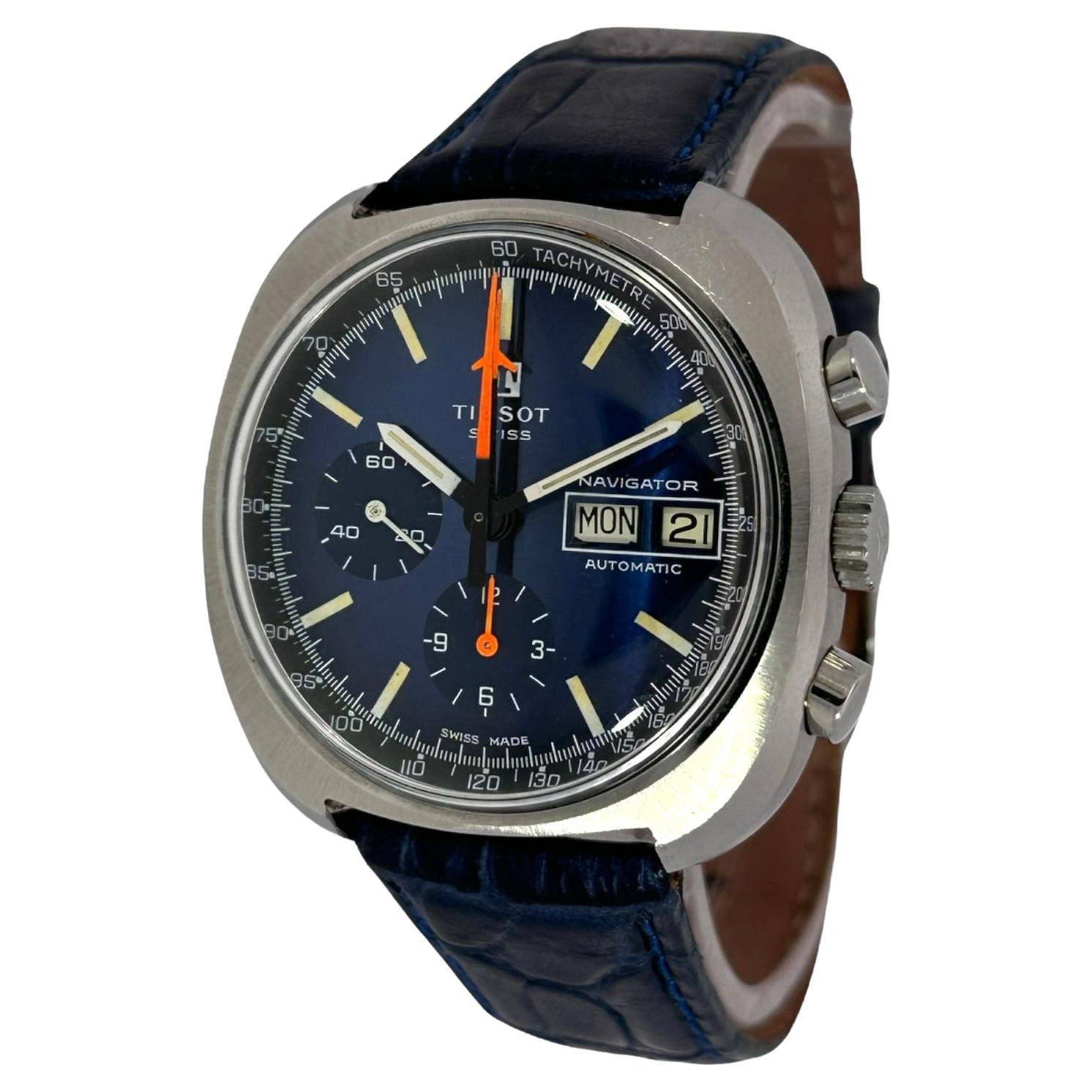 Montre chronographe automatique Tissot Navigator en acier avec cadran tachymétrique bleu, Cal. Lemania