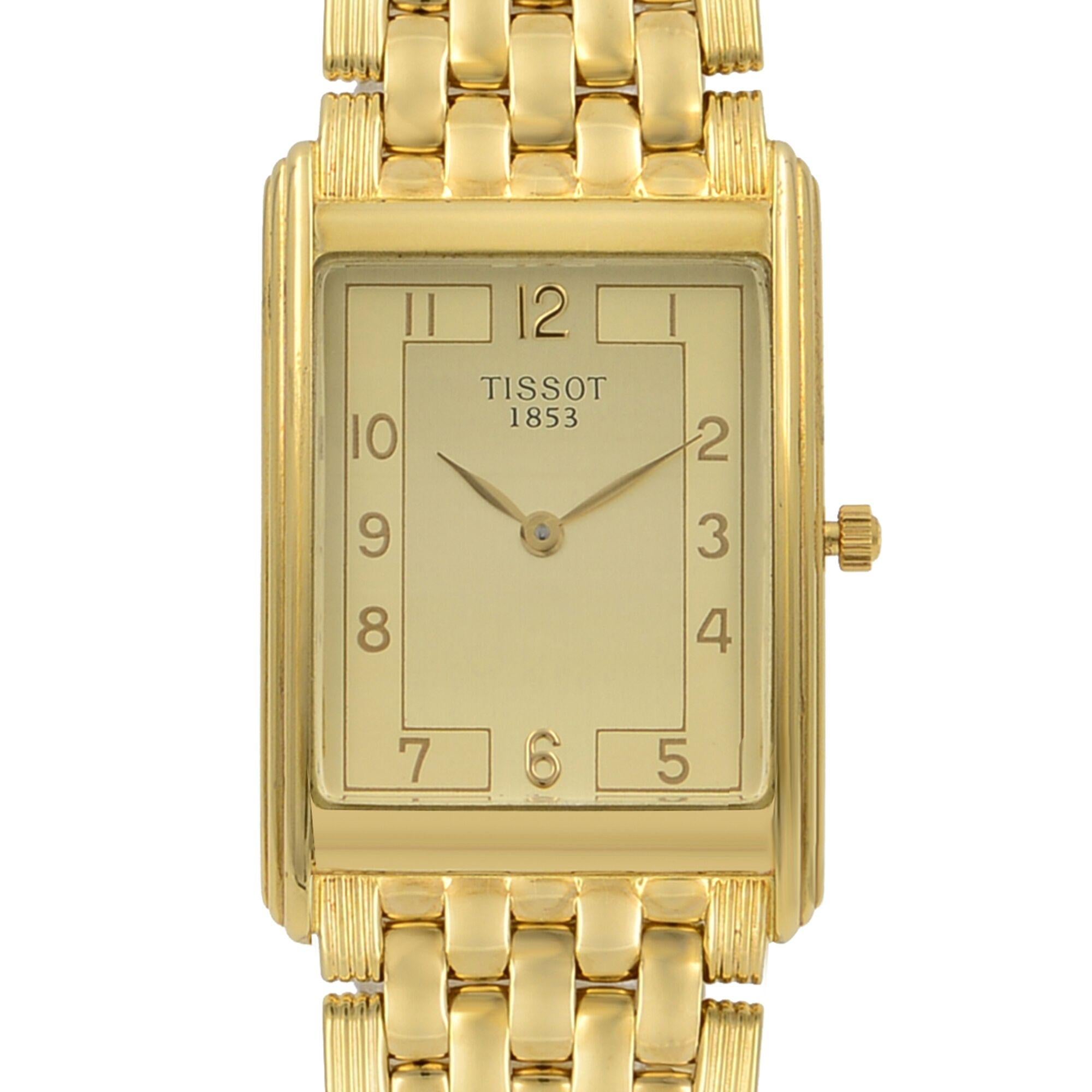 This pre-owned Tissot New Helvetia T73.3.602.22 is a beautiful men's timepiece that is powered by quartz (battery) movement which is cased in a yellow gold case. It has a rectangle shape face, no features dial and has hand arabic numerals style