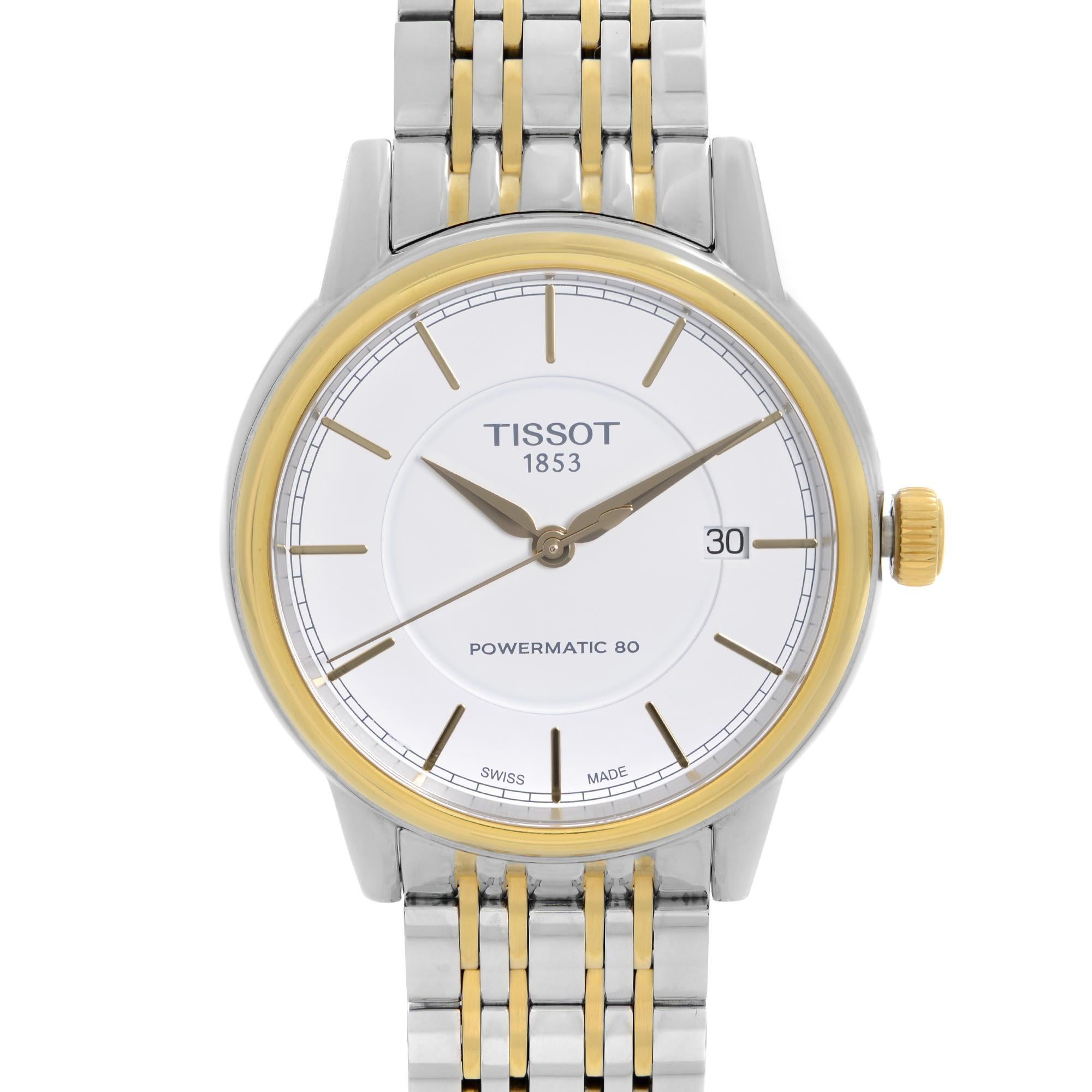 Neu mit Defekten Tissot T-Classic Carson Powermatic 80 40mm Edelstahl weißes Zifferblatt Herrenuhr T085.407.22.011.00. Mikrokratzer durch Lagerung und Handhabung auf der Lünette, die bei näherer Betrachtung sichtbar sind. Dieser Zeitmesser wird von