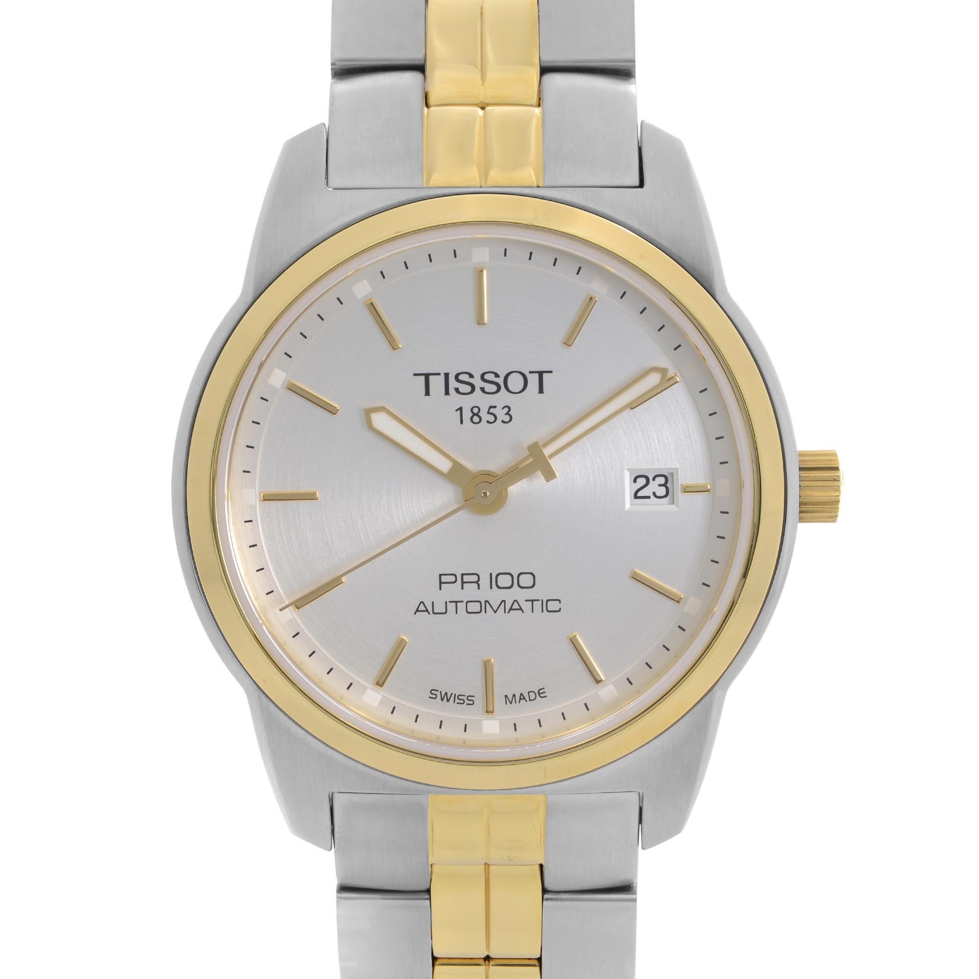 Display Model Tissot PR 100 Automatic Two-Tone Steel Silver Dial Mens Watch T049.407.22.031.00. The watch has a couple of insignificant blemishes on gold tone surfaces. This Timepiece is Powered by Mechanical (Automatic) Movement with Features: