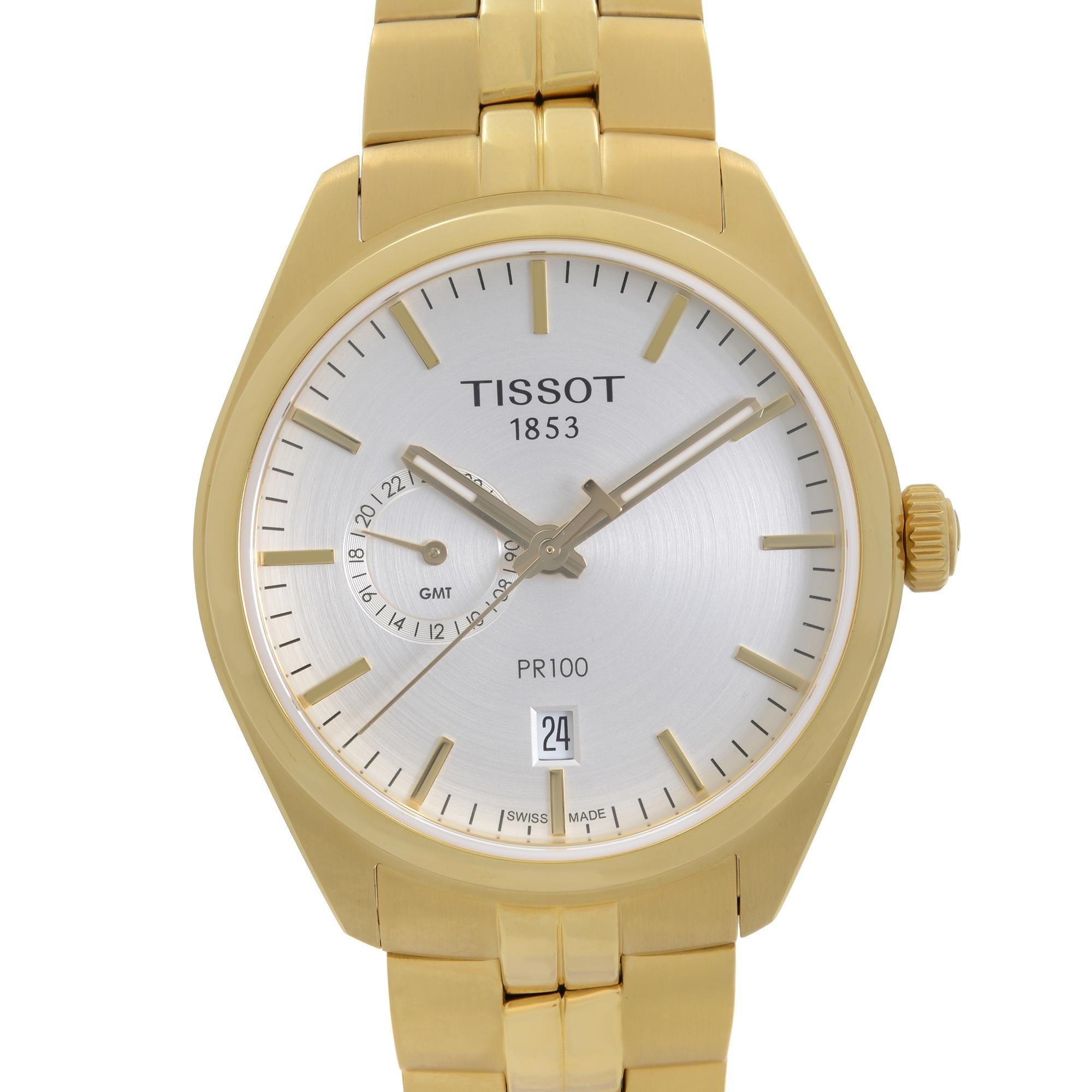 Pre-owned Tissot PR 100 Dual Time Gold-Tone Silver Dial Men's Quartz Watch T101.452.33.031.00. The watch was never owned or worn but has some Micro Scratches on Bezel and Bracelet due to storing and Handling. Original Box and Papers are