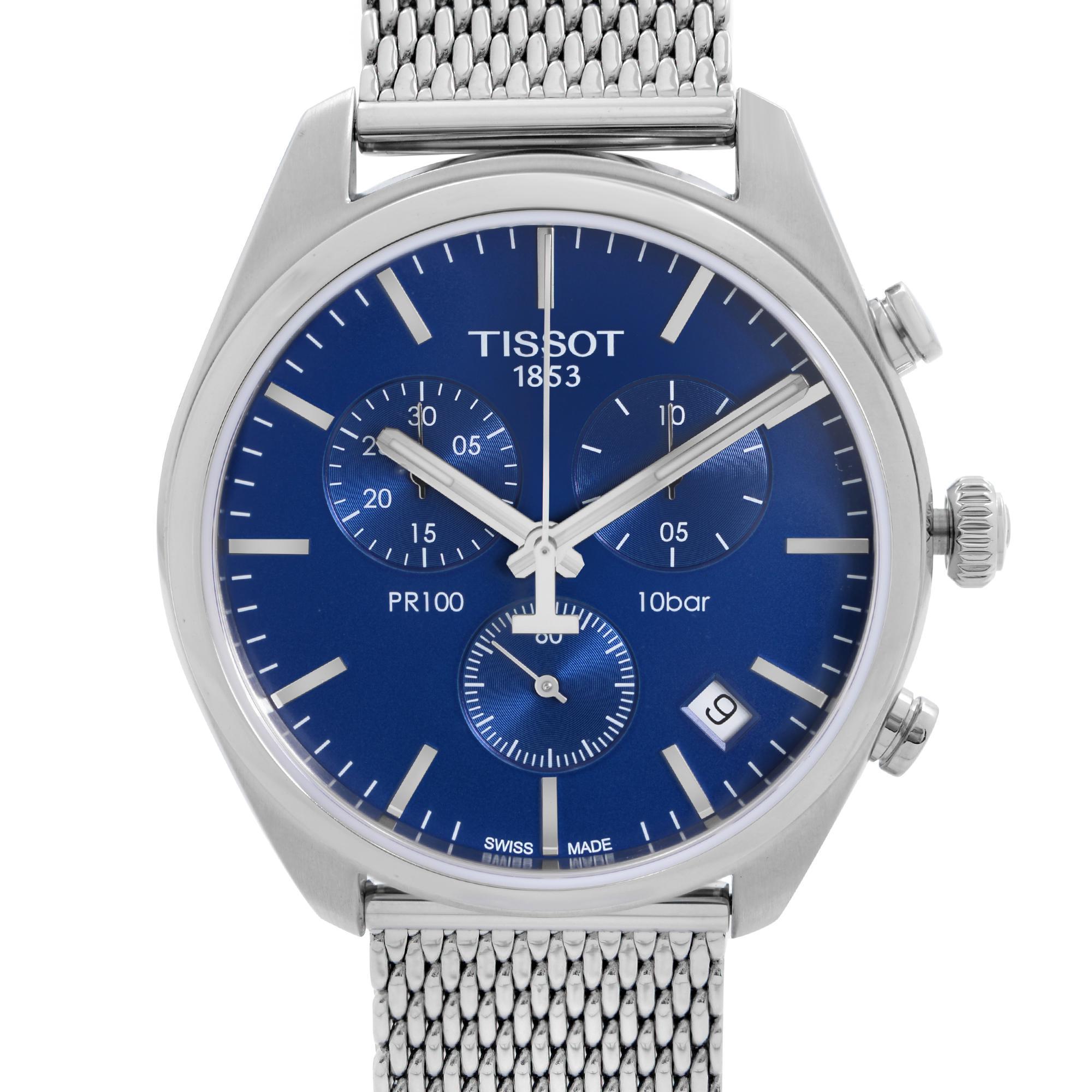 Display Model Tissot PR 100 Steel Chronograph Blue Dial Mens Quartz Watch T101.417.11.041.00. This Beautiful Mens Timepiece is Powered By a Quartz Battery Movement and Features: Stainless Steel Case and Bracelet, Fixed Stainless Steel Bezel, Blue