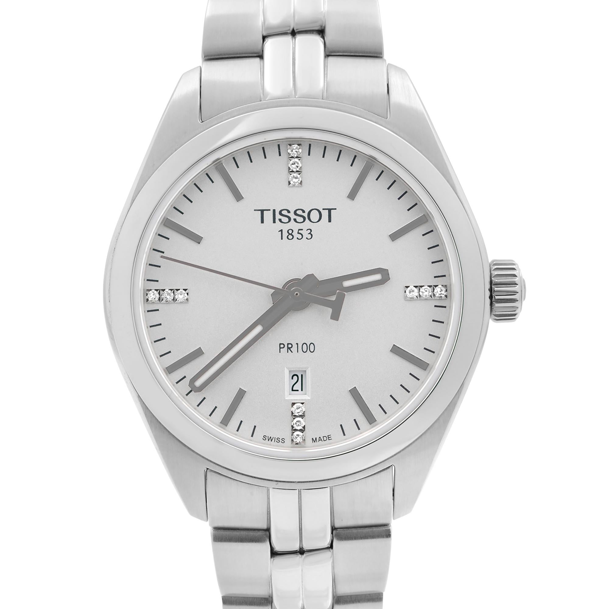 Unworn Tissot PR 100 T-Classic Steel Silver Dial Quartz Ladies Watch T101.210.11.036.00. This Timepiece is Powered Has Stainless Steel Case and Bracelet, Fix Smooth Stainless Steel Bezel, Silver Dial with Luminous Silver-Tone Hands and Index Hour