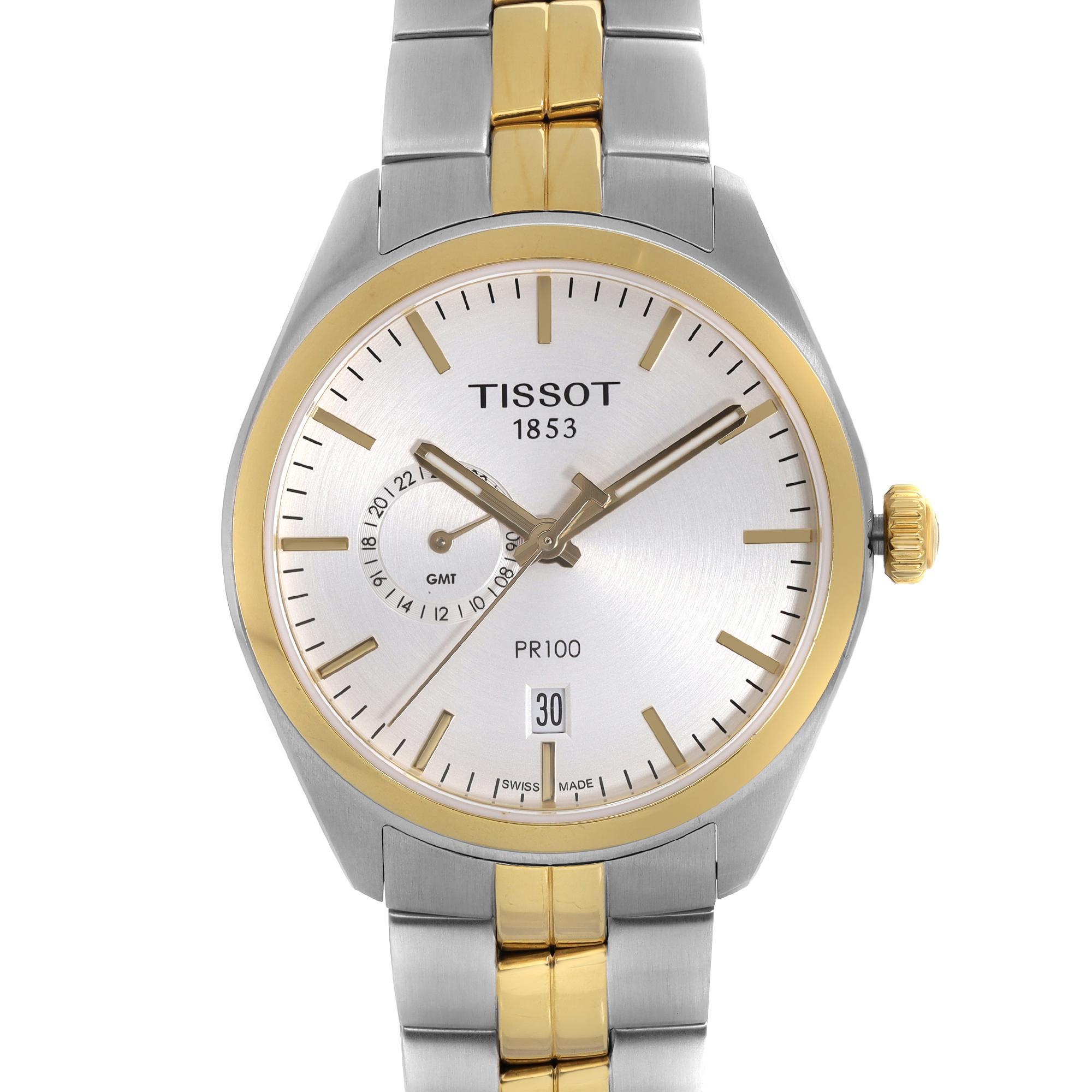 Display Tissot PR100 Dual Time Two-Tone Steel Silver Dial Mens Quartz Watch T101.452.22.031.00. The Watch may have minor marks on the bezel or bracelet due to storing. This Beautiful Timepiece Features: Stainless Steel Case with a Two-Tone Stainless