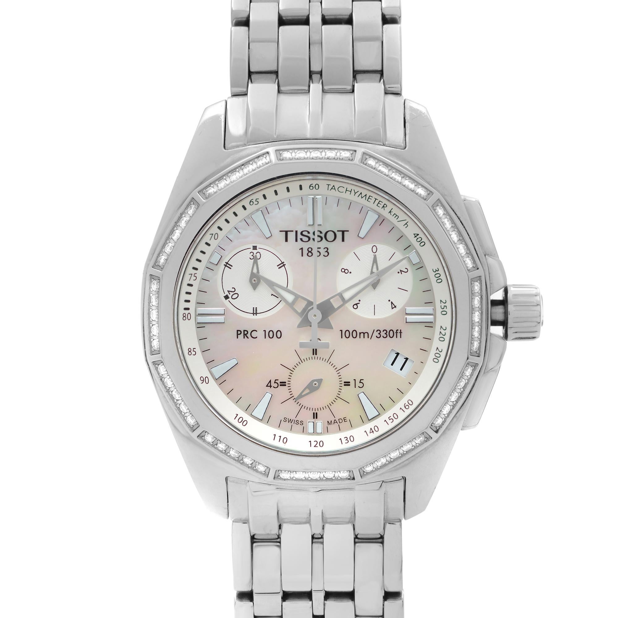 Pre-owned Tissot PRC 100 Quart Ladies Watch T22.1.486.21. The Watch Has Tiny Scratches on the Case Back. This Beautiful Timepiece is Powered by Quartz (Battery) Movement and Features: Rounds Stainless Steel Case and Bracelet, Fixed Stainless Steel