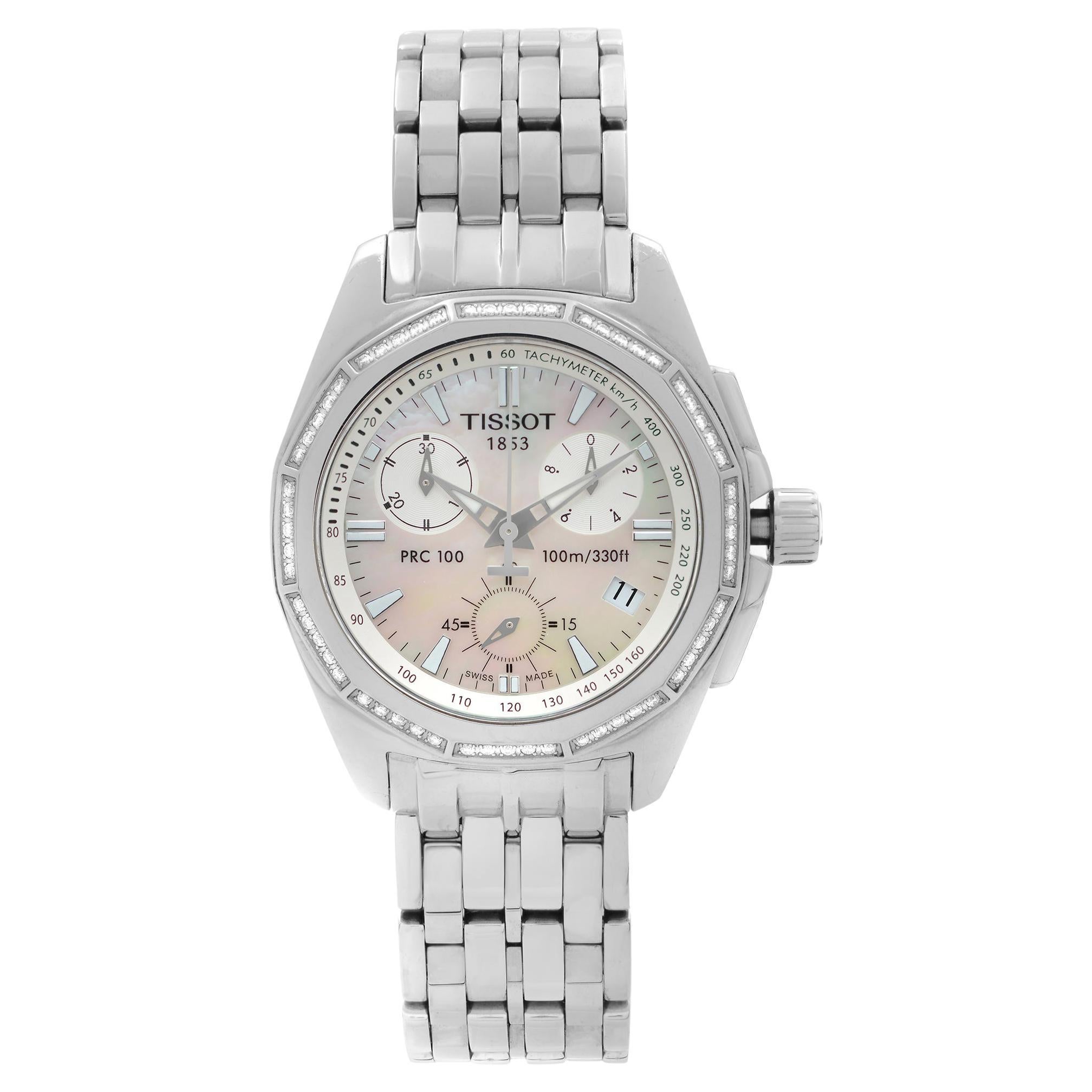 Tissot PRC 100 Diamond Bezel Streel Mop Dial Quart Ladies Watch T22.1.486.21 For Sale