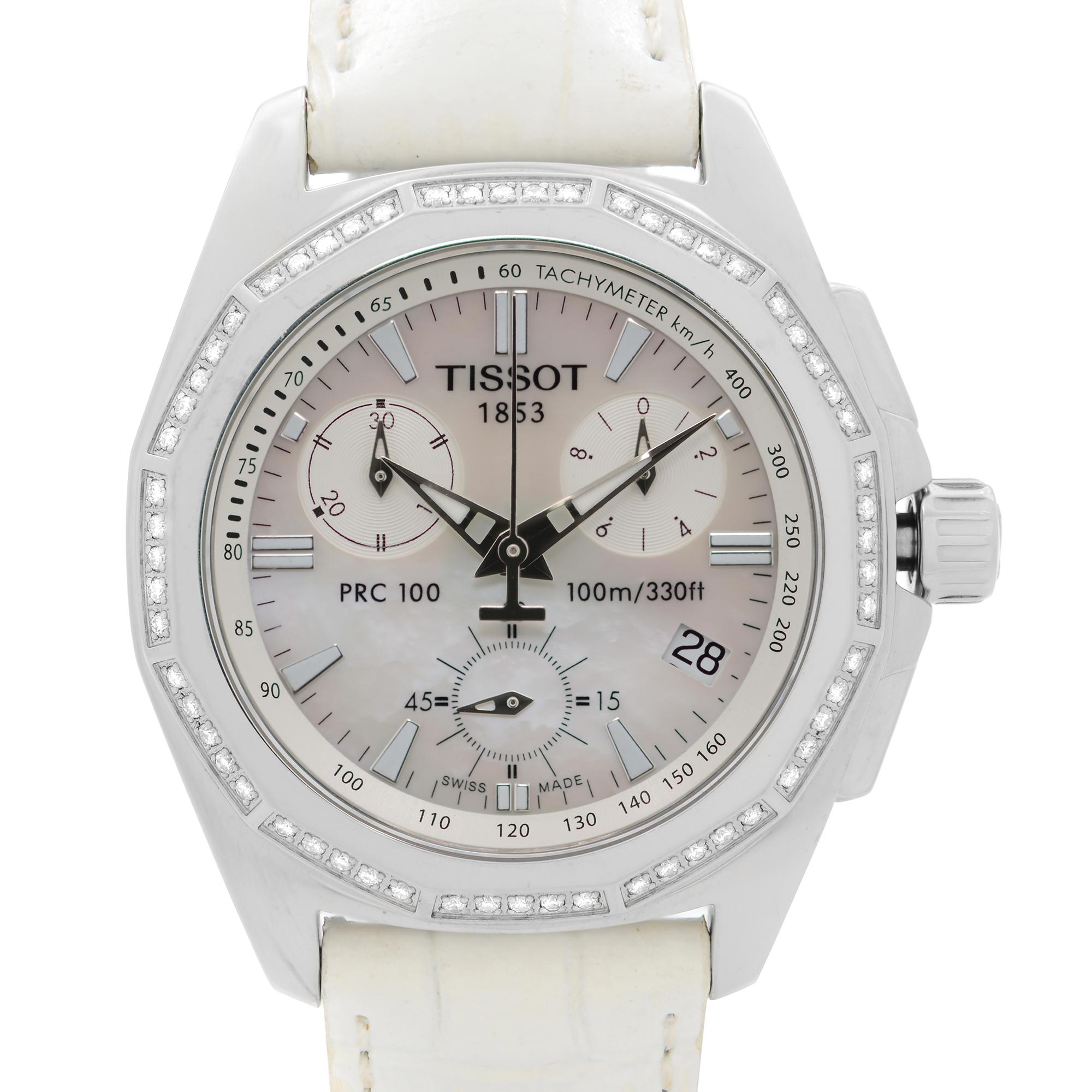 Pre-owned Tissot PRC 100 T22.1.456.21. The band has signs of wear and little cracks on inner side. This Beautiful Timepiece is Powered by Quartz (Battery) Movement and Features: Rounds Stainless Steel Case with a White Leather Strap, Fixed Stainless