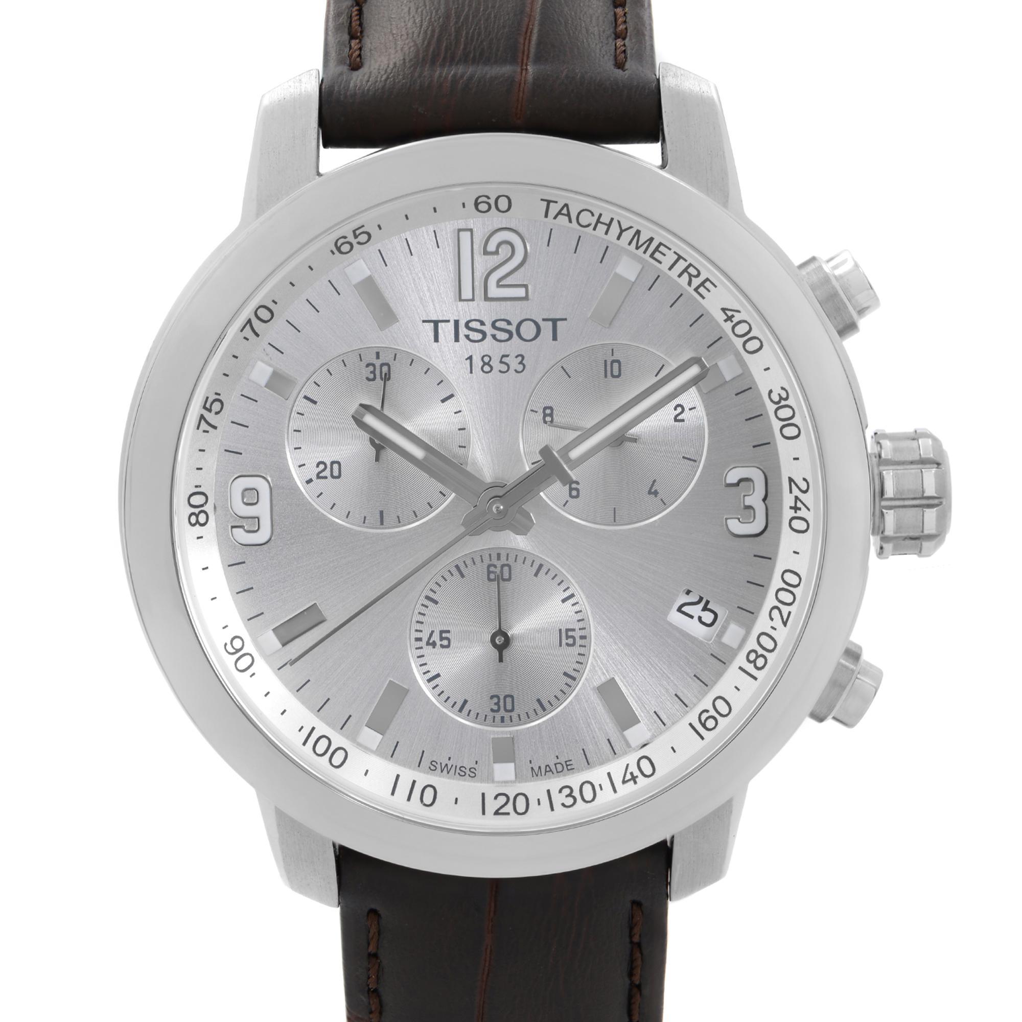 New with defects Tissot PRC 200 Steel Chronograph Silver Dial Quartz Watch T055.417.16.037.00. The watch has never been worn but has some insignificant dry cracks on the inner side of the strap due to aging while storing. This Beautiful Mens