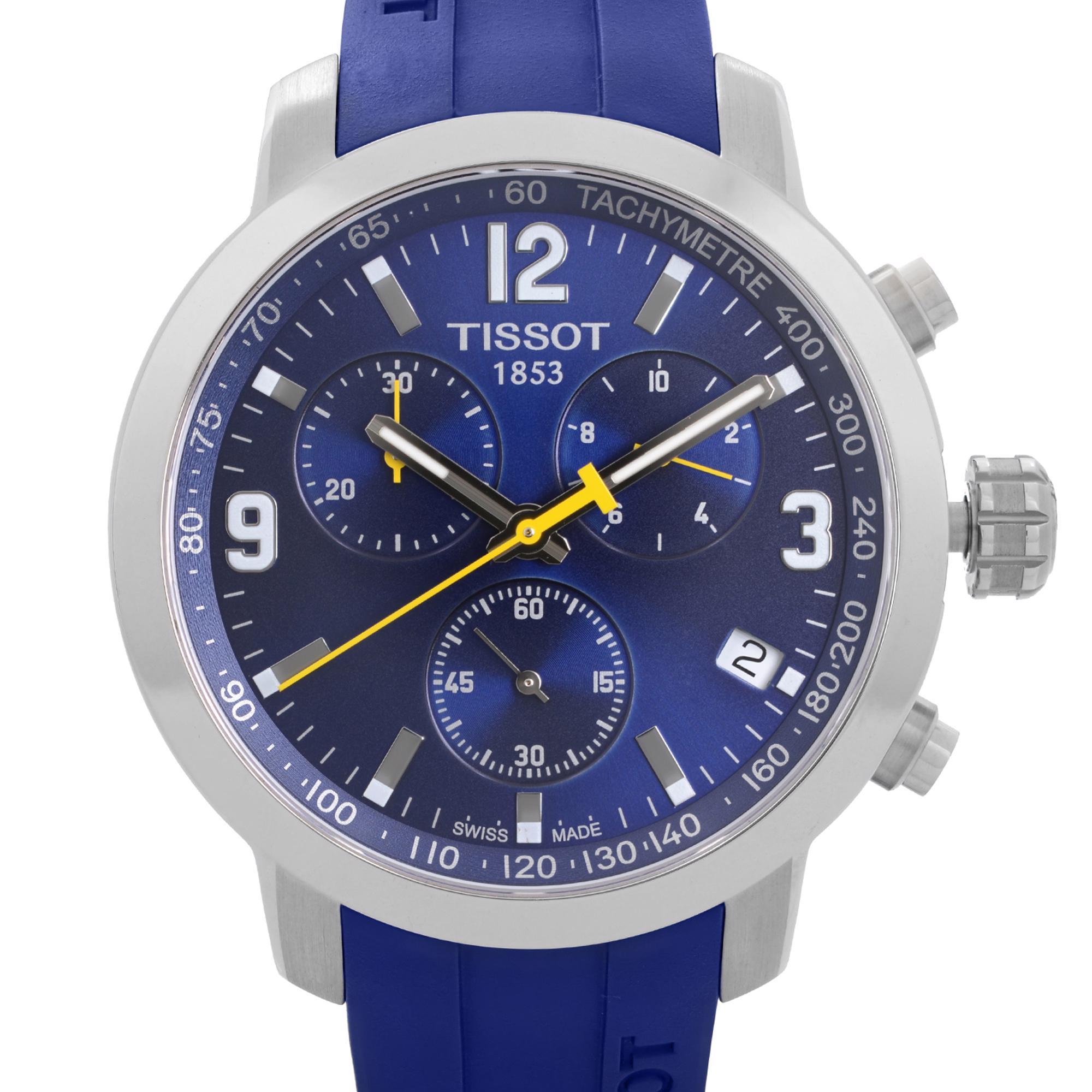 Unworn Tissot Caribbean Special Edition Chronograph Stainless Steel Blue Dial Quartz Men's Watch T055.417.17.047.00. This Beautiful Timepiece Features: Stainless Steel Case with a Rubber Band. Fixed Steel Bezel. Blue Dial with Luminous Silver-Tone