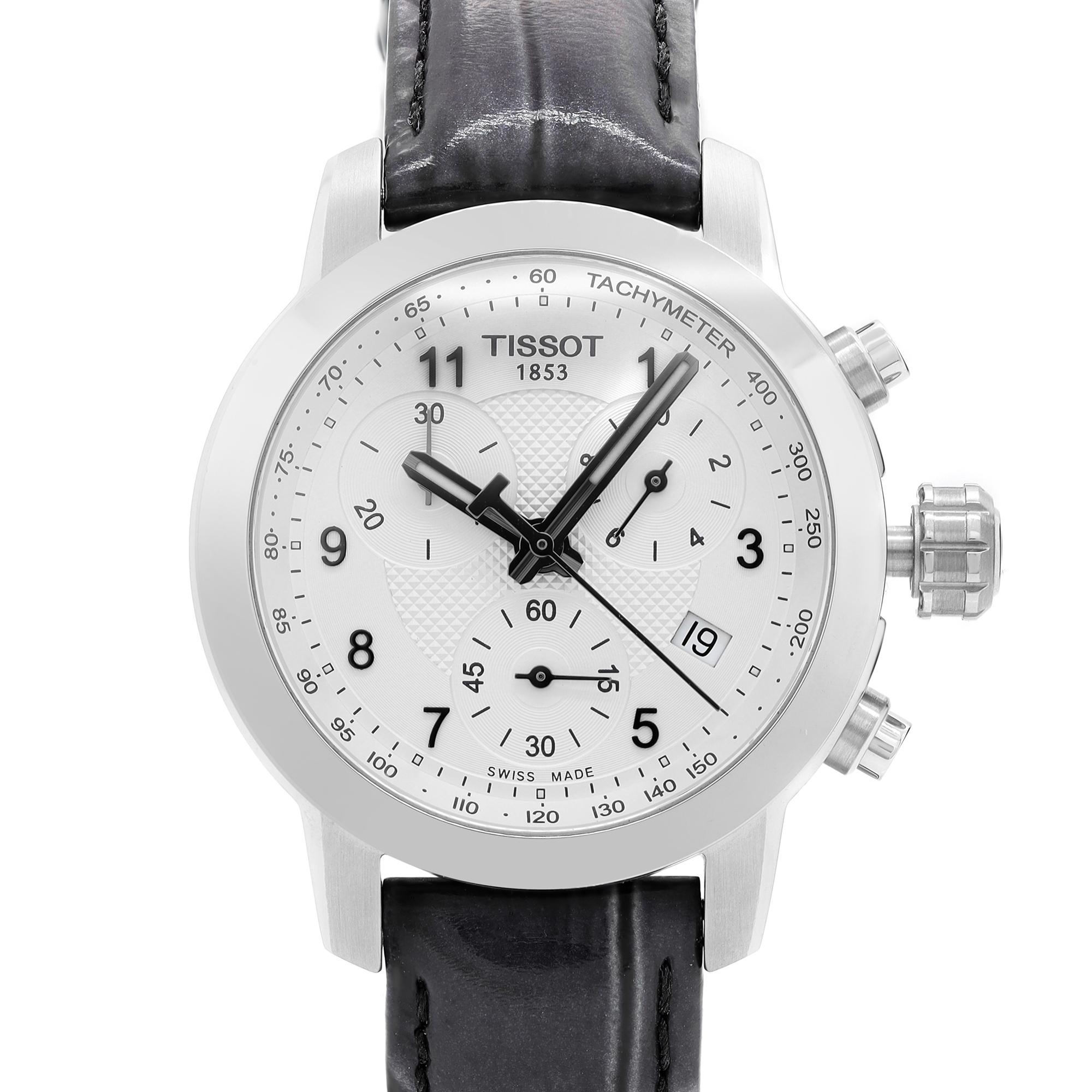 New With Defects Tissot PR200 Chronograph Stainless Steel Silver Dial Ladies Quartz Watch T055.217.16.032.02. Has a small dent and micro-scratches on the bezel, and the band has dry insignificant cracks on the inner side due to aging. 

This