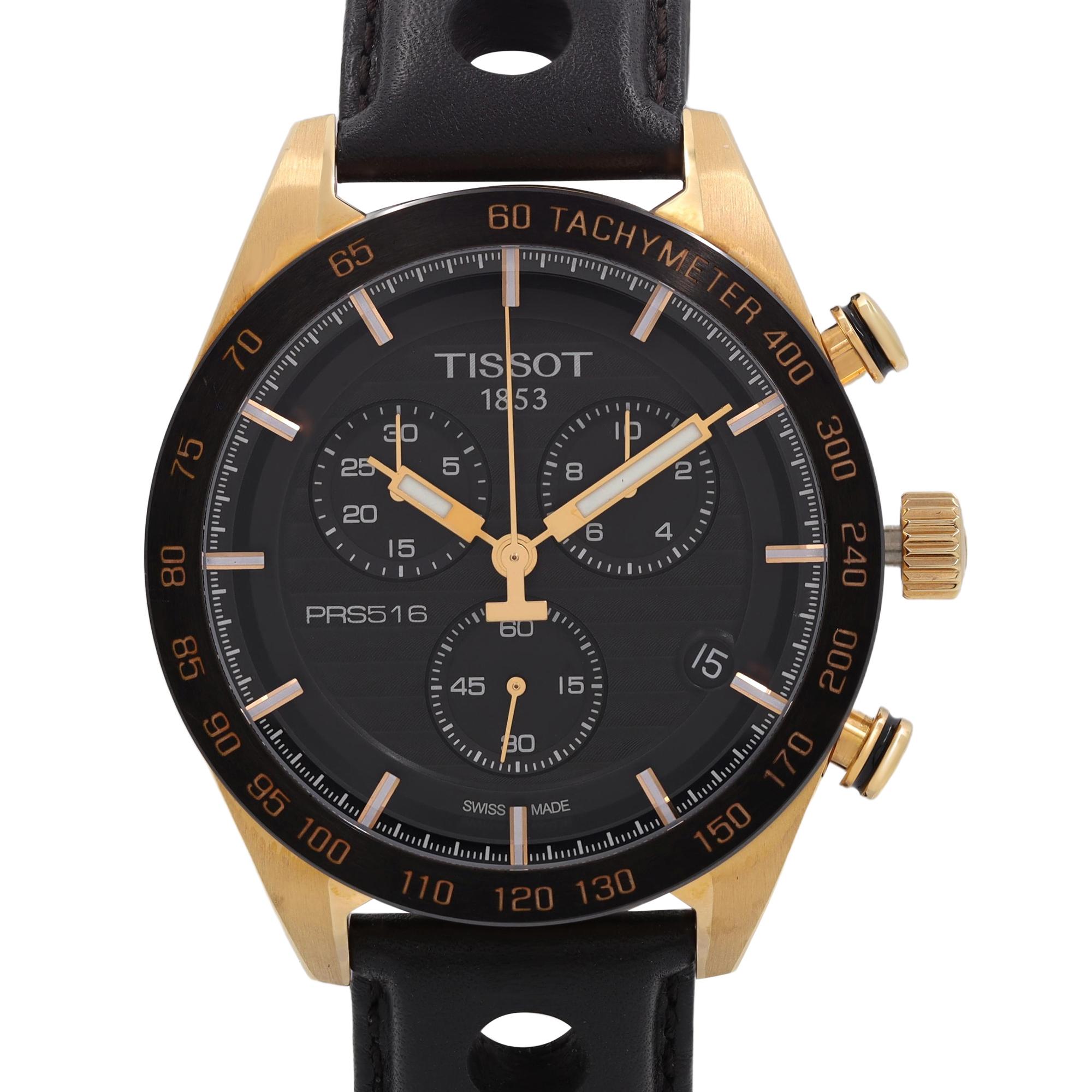 Unworn Tissot PRS 516 Chronograph Steel Black Dial Quartz Men's Watch T100.417.36.051.00. This Beautiful Timepiece is Powered by a Quartz (Battery) Movement and Features: Rose Gold-Tone Stainless Steel Case with a Black Two-Piece Leather Strap.