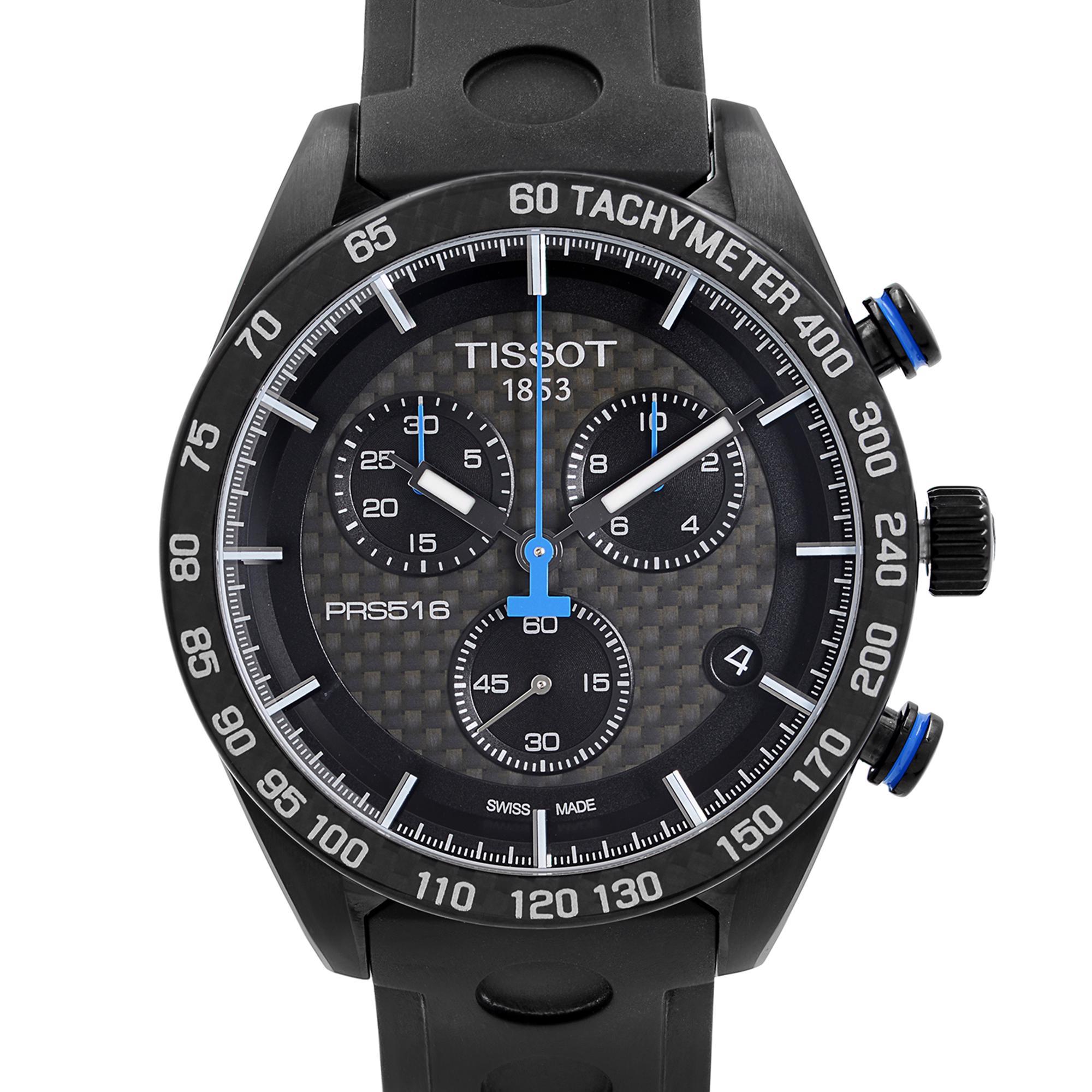 Pre-owned Tissot PRS 516 T100.417.37.201.00. The Watch has scratches on the case back and case and dent on the bezel. This Beautiful Timepiece Features: Black PVD Stainless Steel Case with a Rubber Bracelet. Black Dial with Luminous Hands, And Index