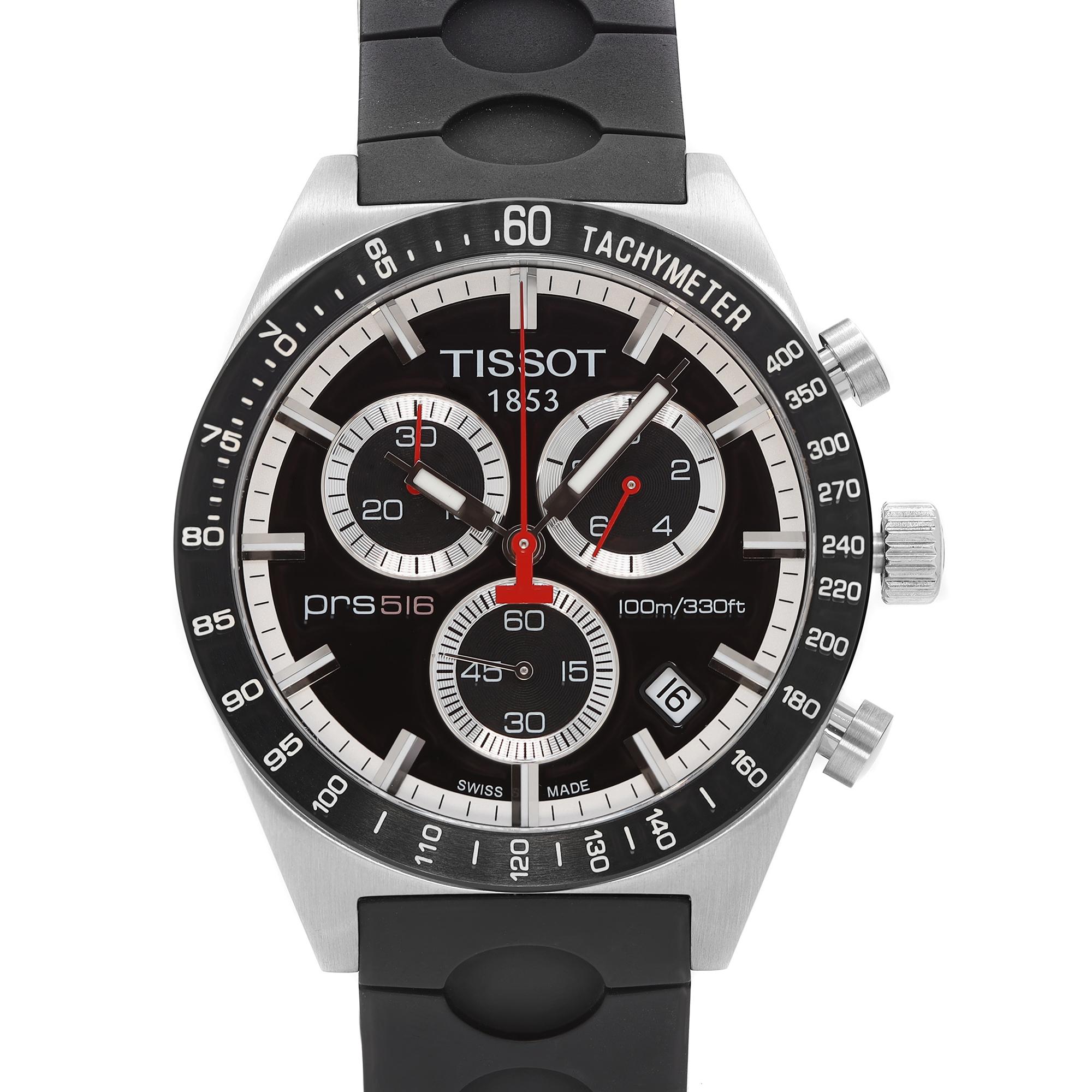 Mostrar modelo Tissot PRS516 Cronógrafo de acero Esfera negra Correa de caucho Cuarzo T044.417.27.051.00. El reloj nunca se ha llevado puesto ni se ha utilizado y sólo puede tener pequeñas marcas en el bisel debidas a la manipulación en la tienda.
