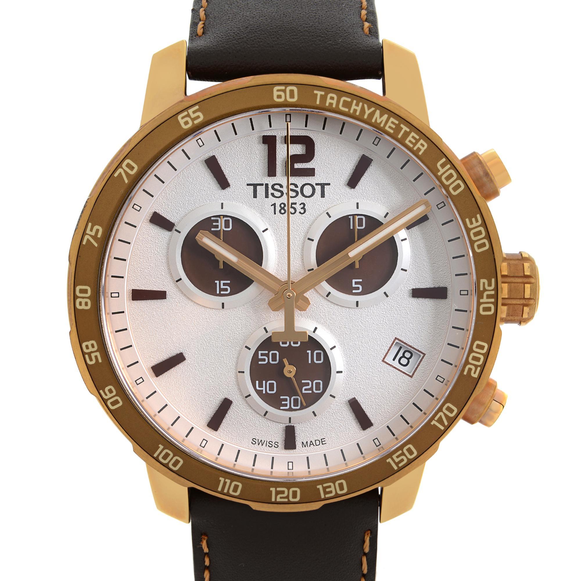 New with Defects Tissot Quickster Quartz Men's Watch T095.417.36.037.01. The Watch has a Tiny Dent on the Inner Side of the Lug. This Timepiece is Powered by a Quartz (Battery) Movement and Features: Rose Gold-Tone Stainless Steel Case with a Brown