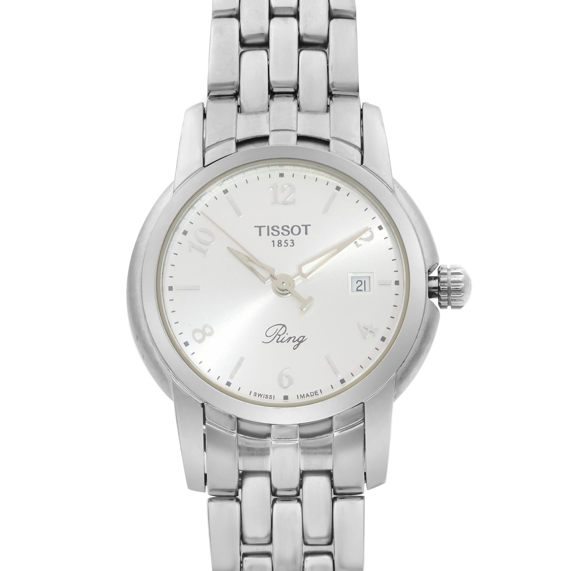 This pre-owned Tissot T-Classic T97.1.181.32 is a beautiful Ladie's timepiece that is powered by quartz (battery) movement which is cased in a stainless steel case. It has a round shape face, date indicator dial and has hand arabic numerals, sticks