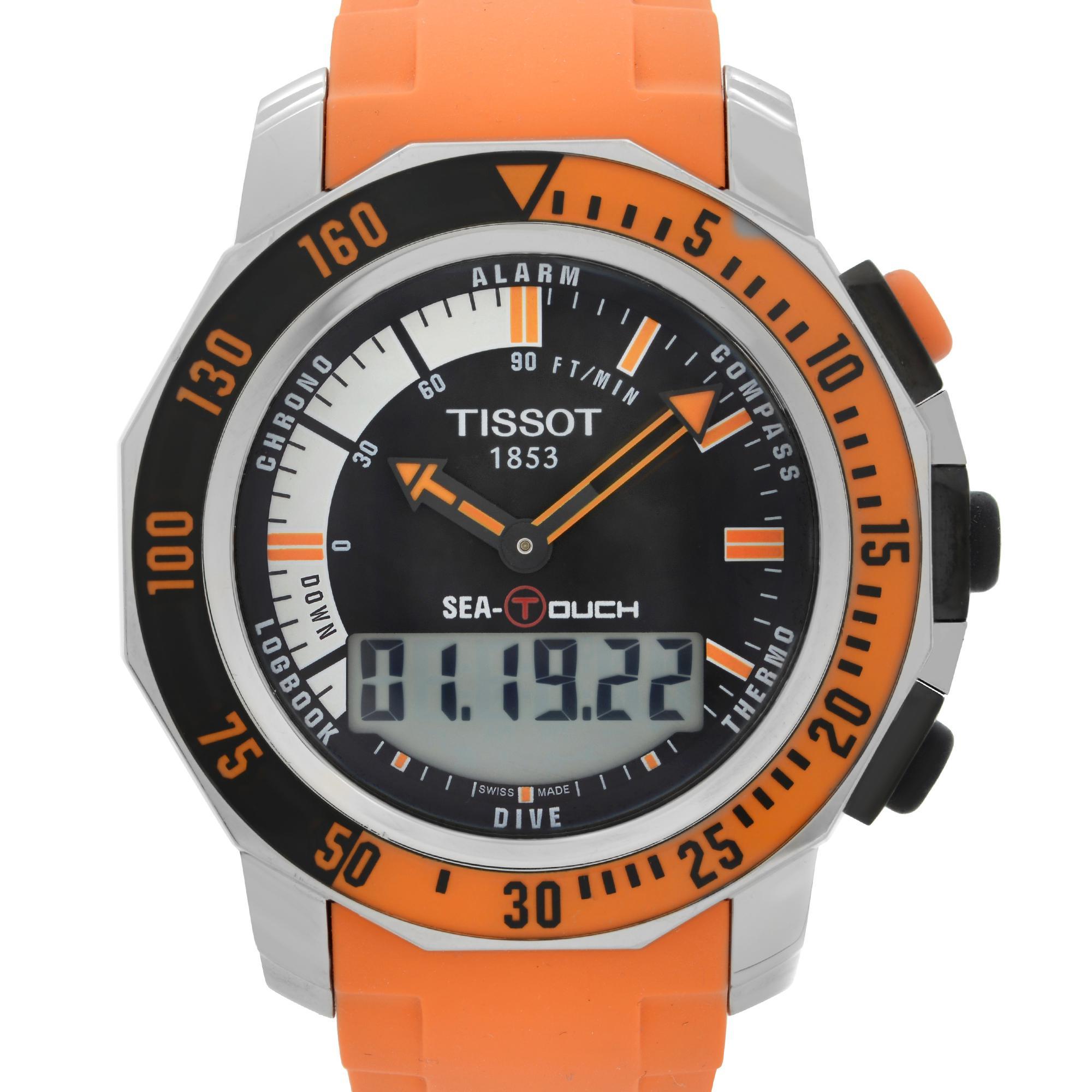 Pre-owned mint Tissot Sea Touch Chronograph 44mm Steel Black Dial Men's Watch T026.420.17.281.03. The watch was never owned but has a minor scratch on the backplate due to storing and handling as shown in the attached pics. This timepiece is powered