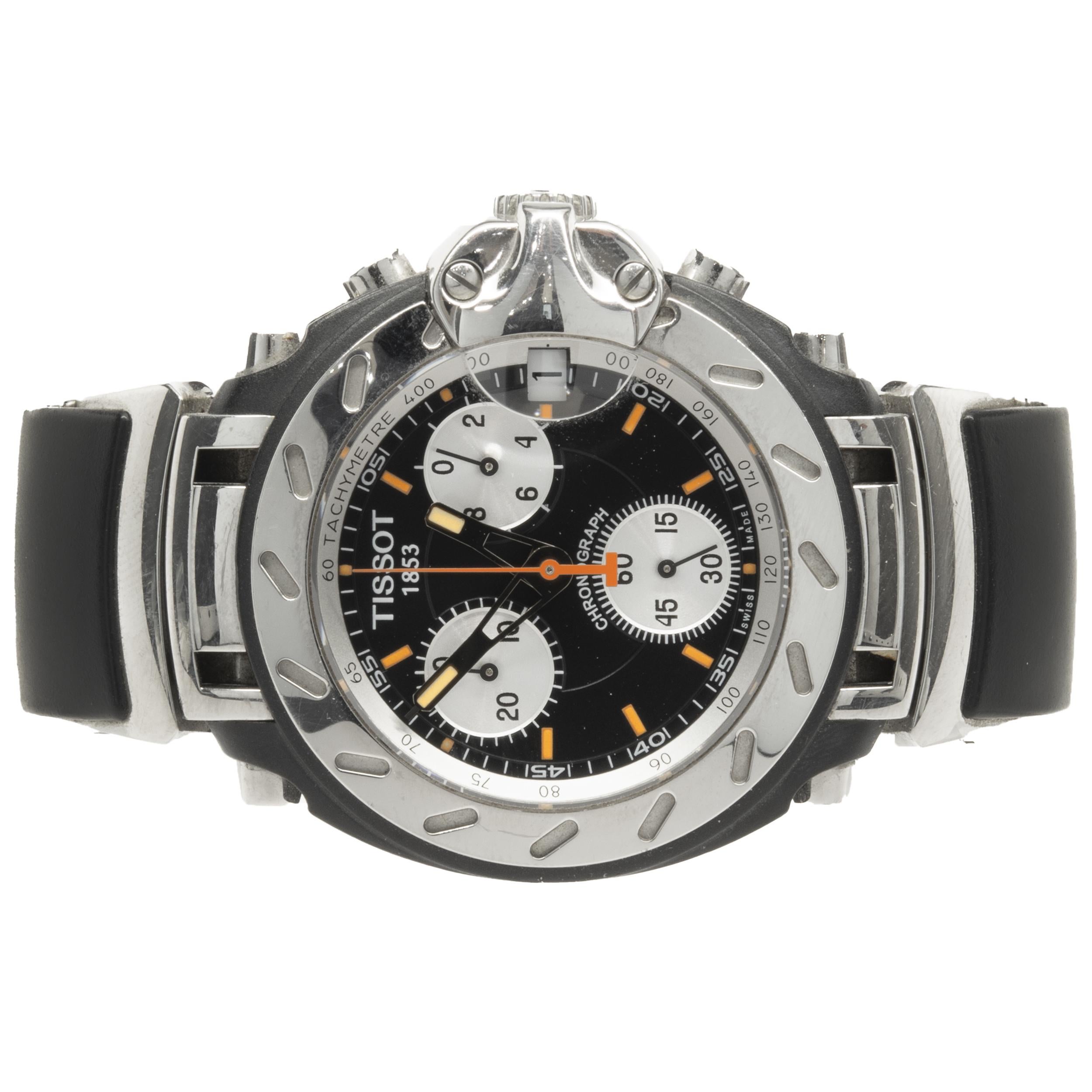 Movement: quartz
Function: hours, minutes, seconds, date, chronograph
Case: round 45mm stainless steel, sapphire crystal
Bracelet: black Tissot rubber strap with deployment clasp
Dial: black chronograph dial, orange sticks/hands
Reference #