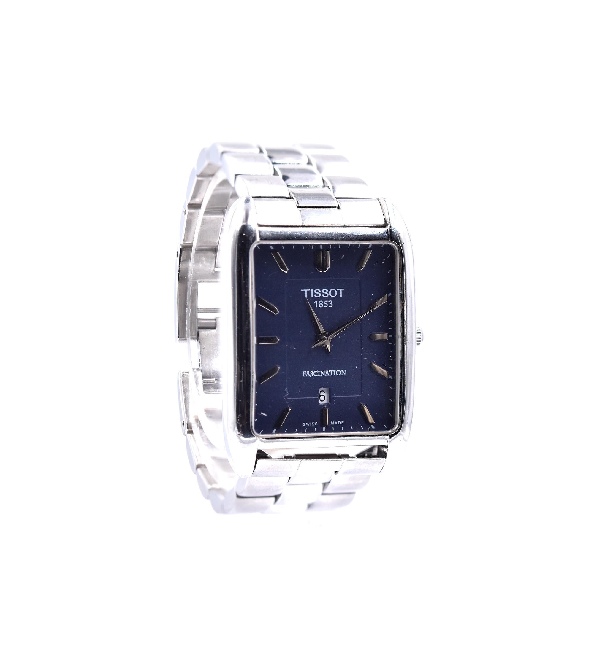 Movement: quartz
Function: hours, minuets, date
Case: 36mm rectangular stainless steel case, sapphire crystal
Bracelet: stainless steel 
Dial: navy stick dial
Reference #: Fascination
Serial # TXXX

No box and papers
Guaranteed to be authentic by
