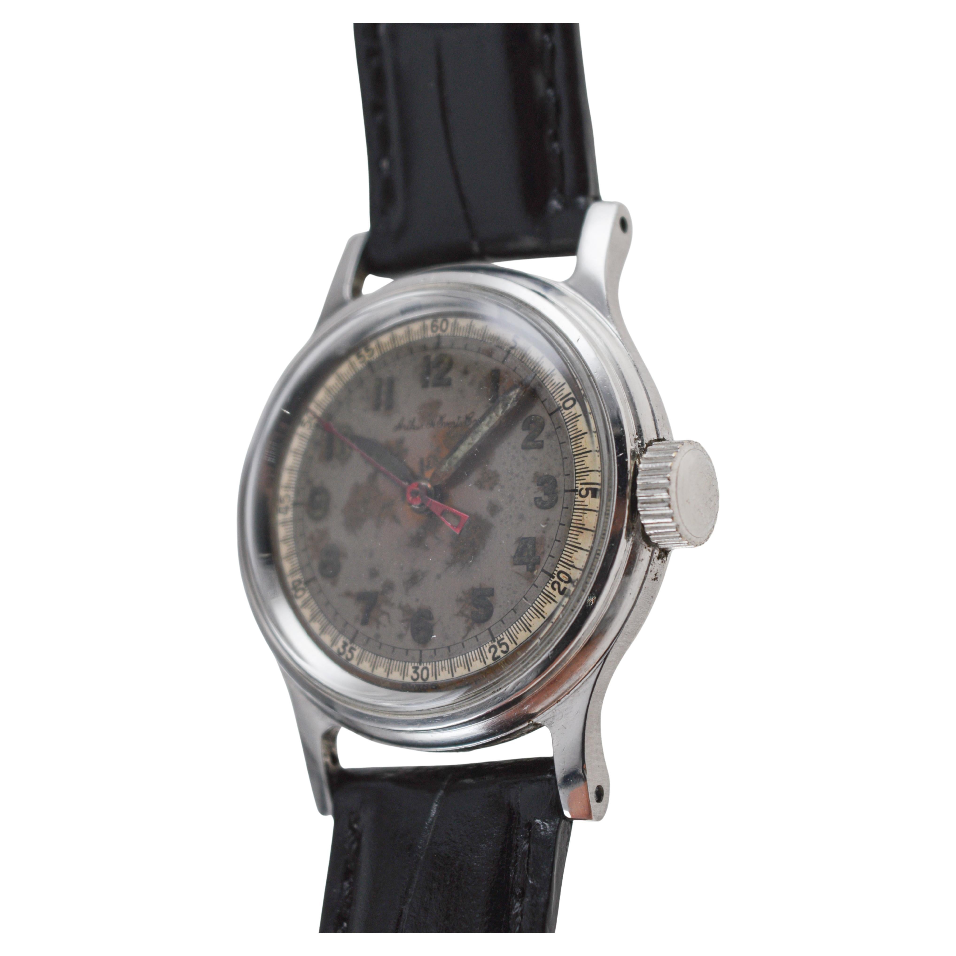 Tissot Steel Multifort Art Deco Watch with Original Patinated Dial from 1940's For Sale 7