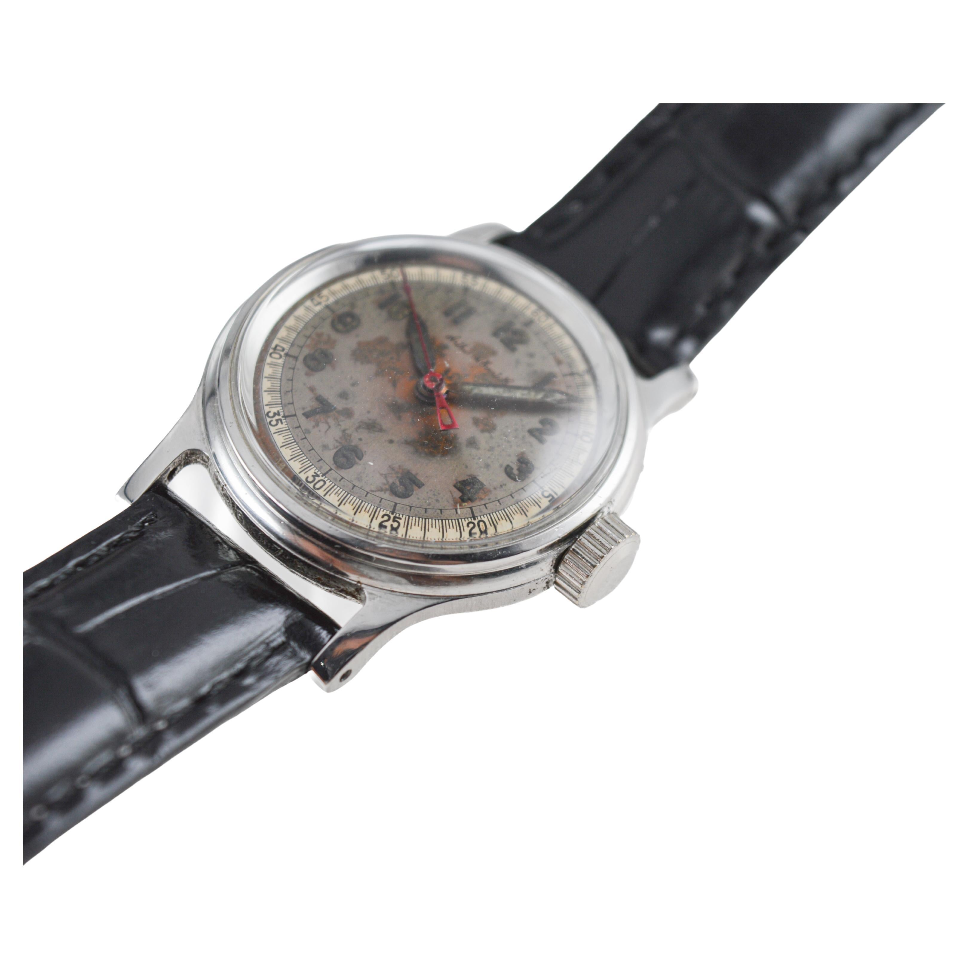 Tissot Steel Multifort Art Deco Watch with Original Patinated Dial from 1940's For Sale 8
