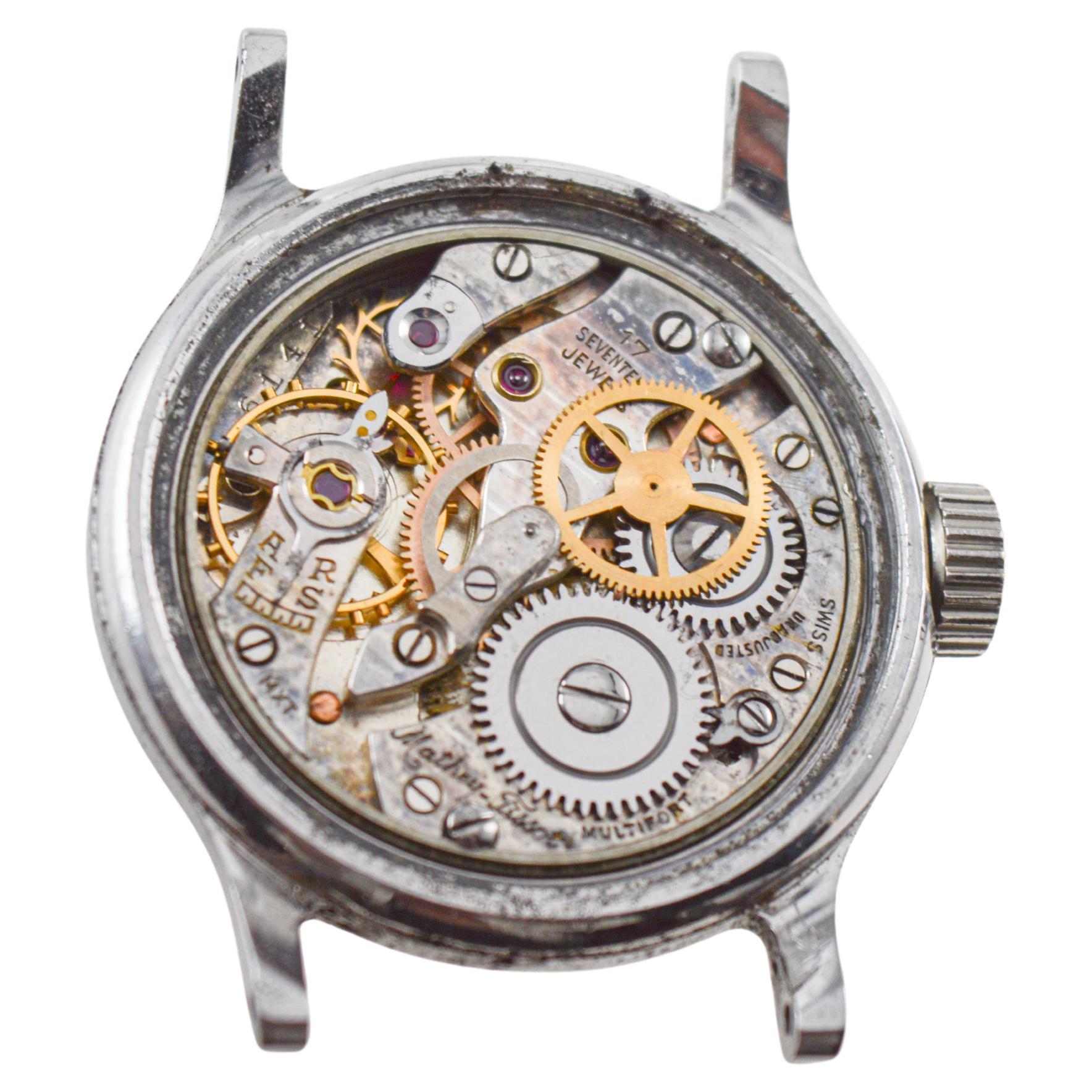 Tissot Steel Multifort Art Deco Watch with Original Patinated Dial from 1940's For Sale 11