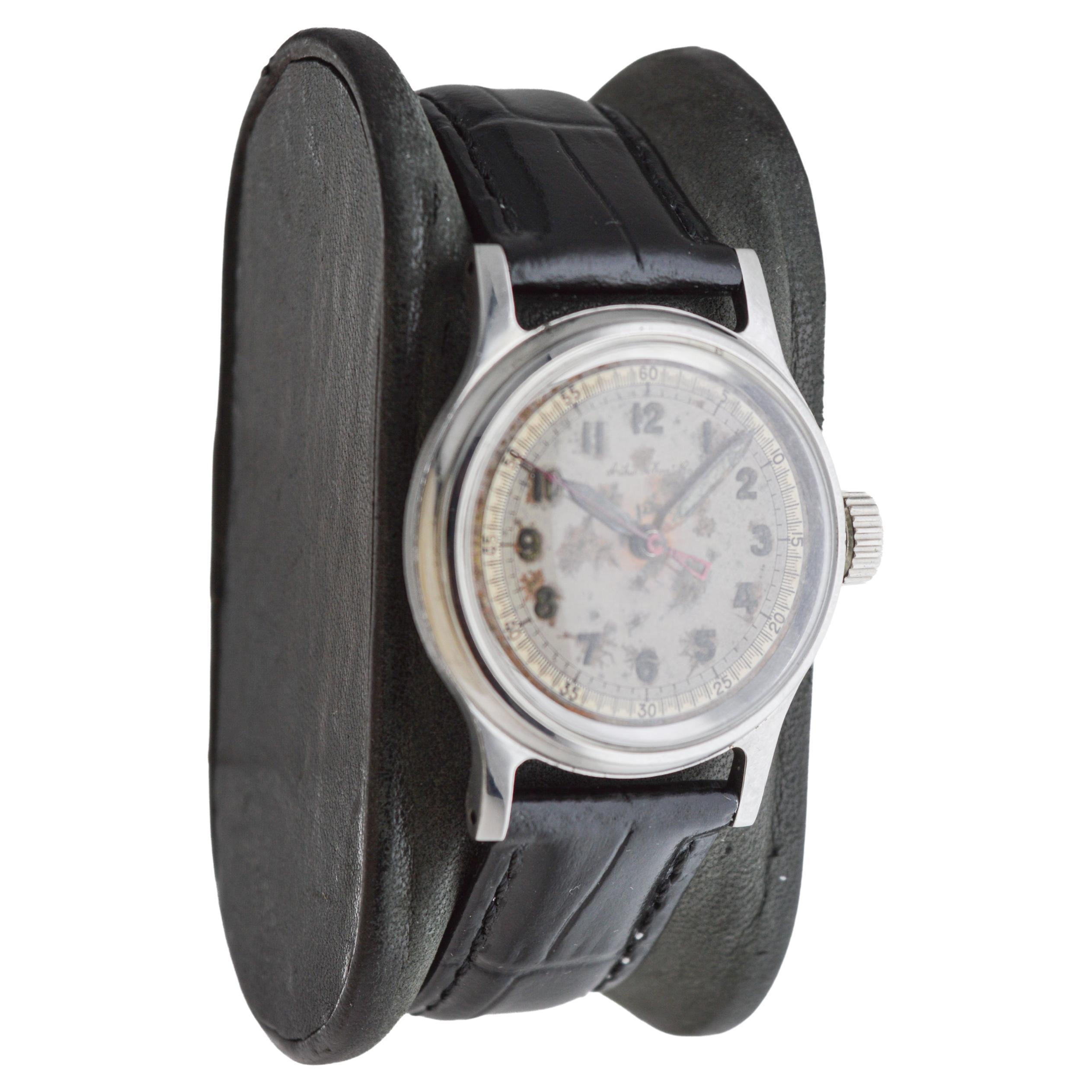 Tissot Steel Multifort Art Deco Watch with Original Patinated Dial from 1940's In Excellent Condition For Sale In Long Beach, CA