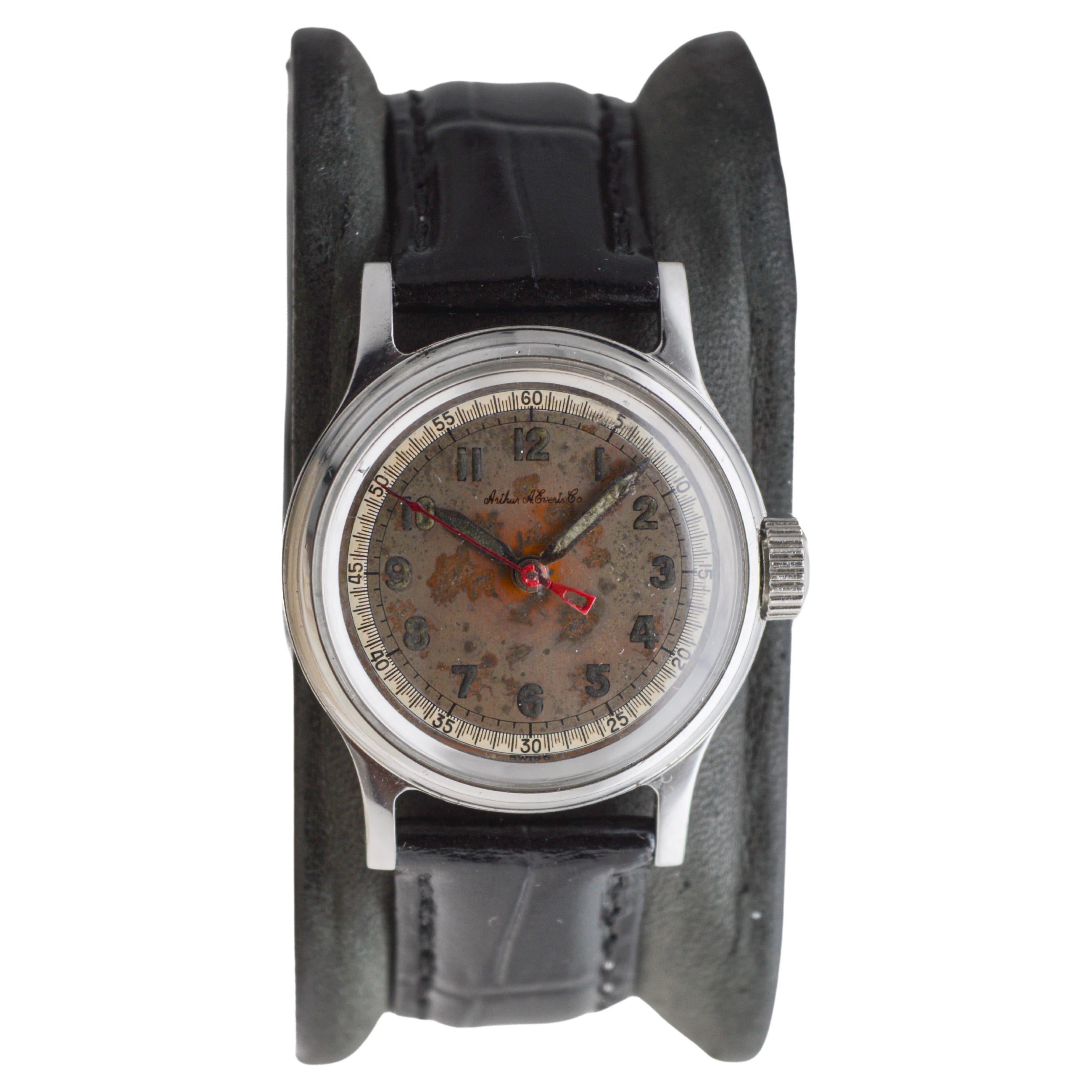 Women's or Men's Tissot Steel Multifort Art Deco Watch with Original Patinated Dial from 1940's For Sale