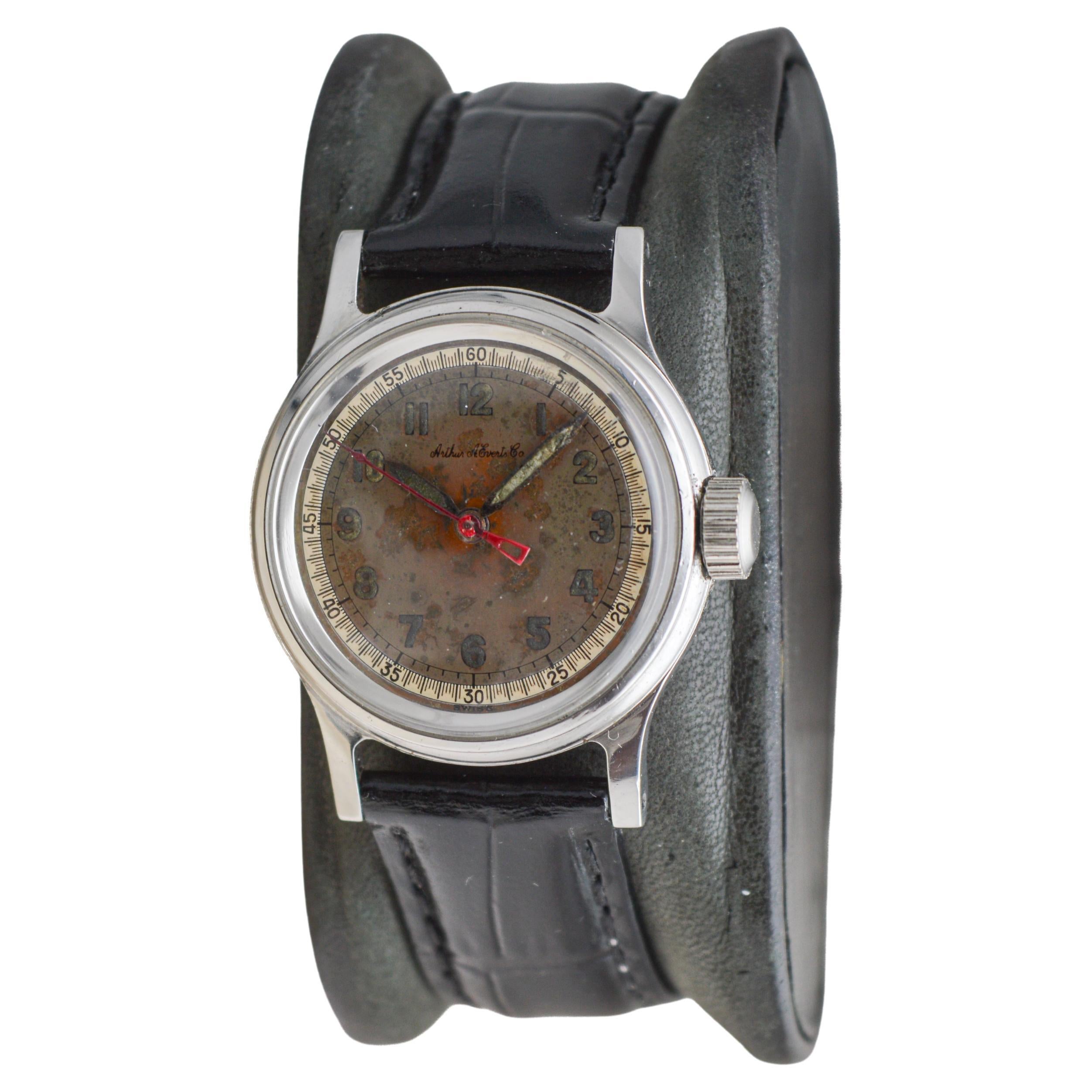 Tissot Steel Multifort Art Deco Watch with Original Patinated Dial from 1940's For Sale 1