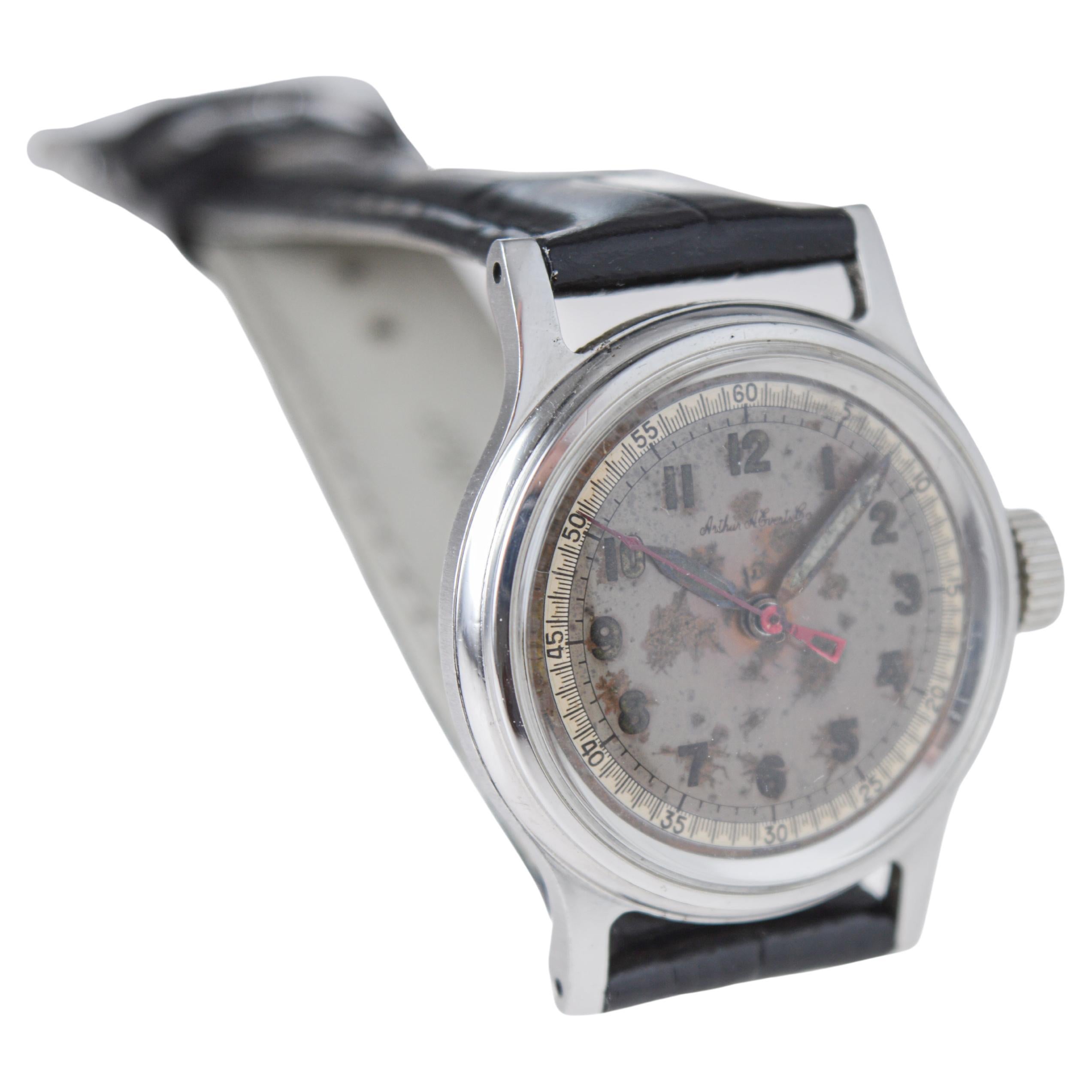 Tissot Steel Multifort Art Deco Watch with Original Patinated Dial from 1940's For Sale 2