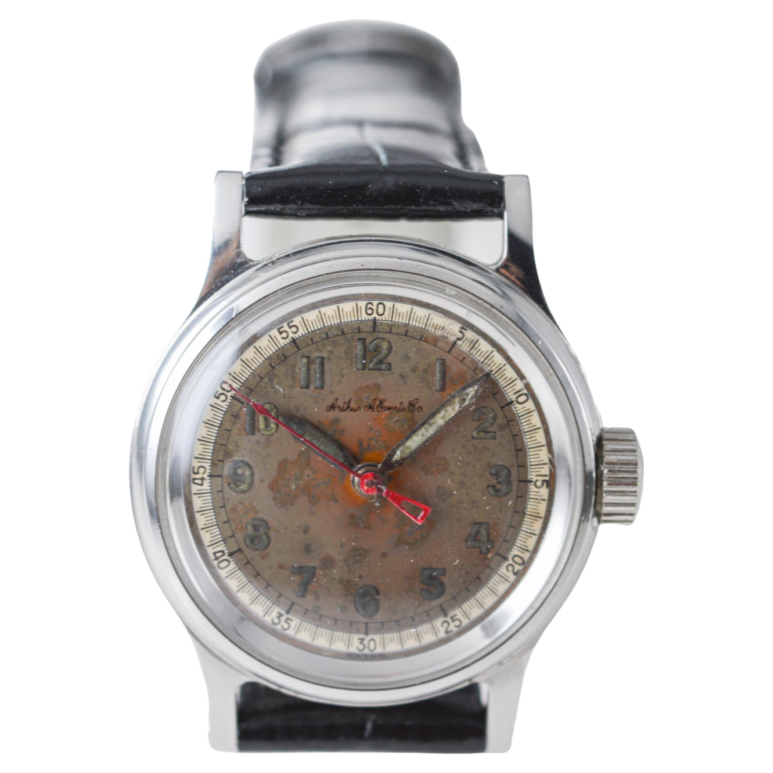 Tissot Steel Multifort Art Deco Watch with Original Patinated Dial from 1940's For Sale 3