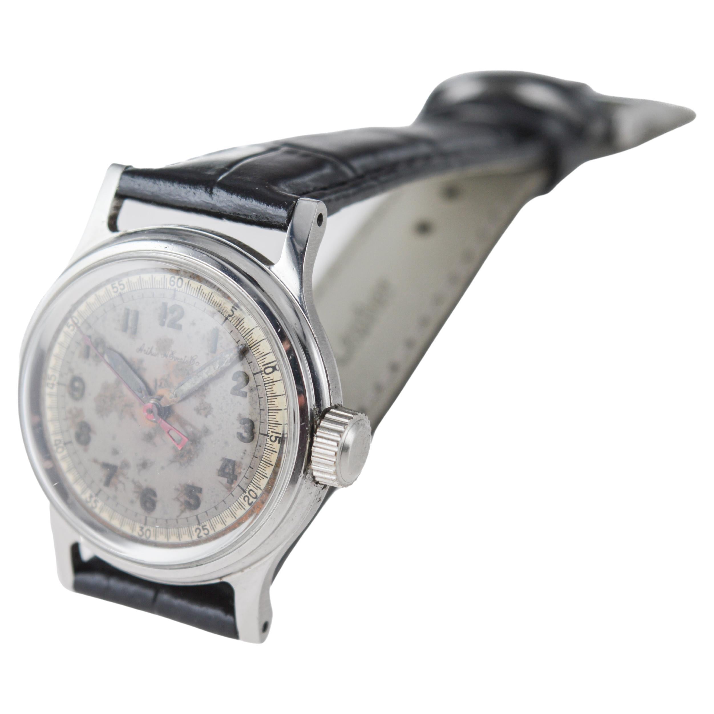 Tissot Steel Multifort Art Deco Watch with Original Patinated Dial from 1940's For Sale 4