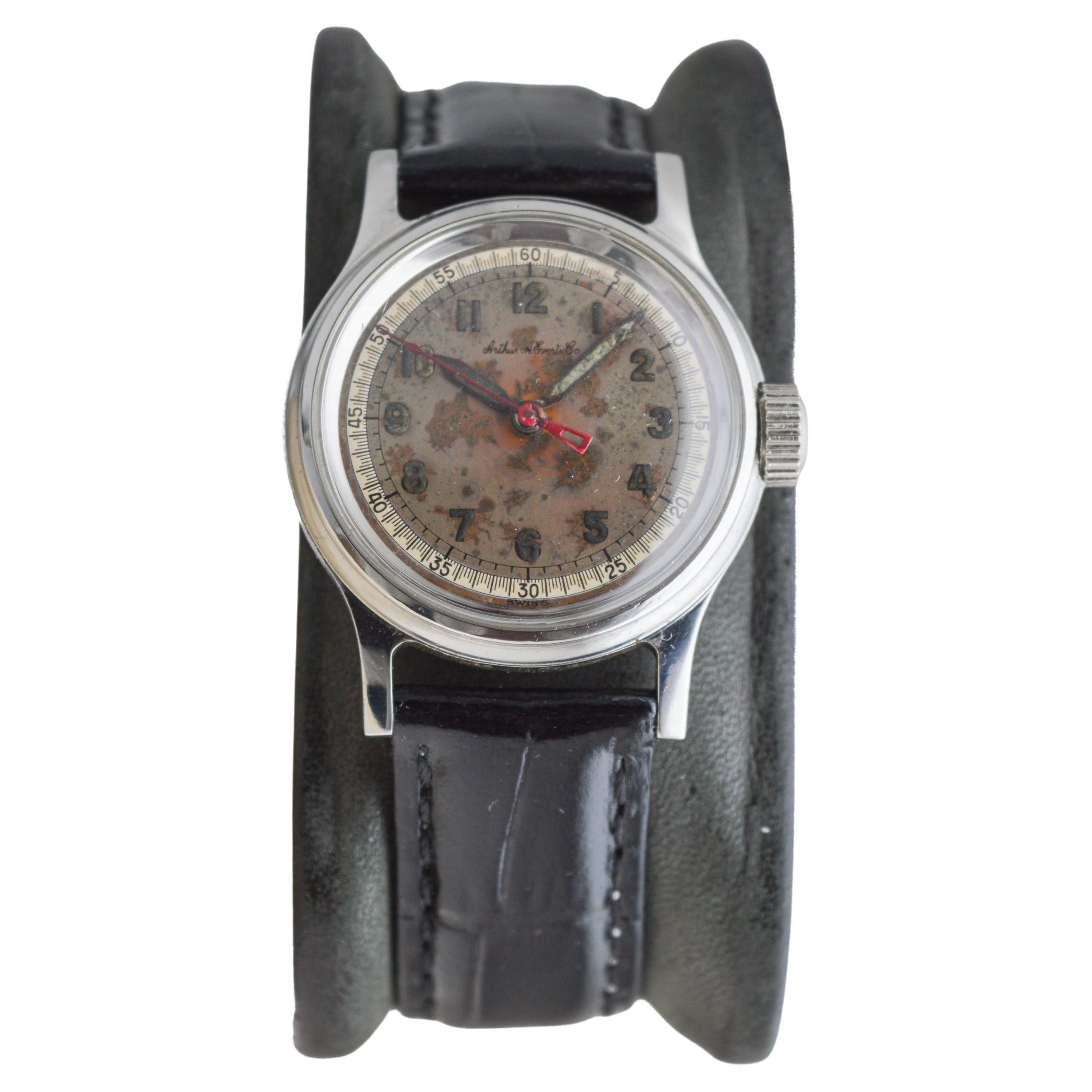 Tissot Steel Multifort Art Deco Watch with Original Patinated Dial from 1940's