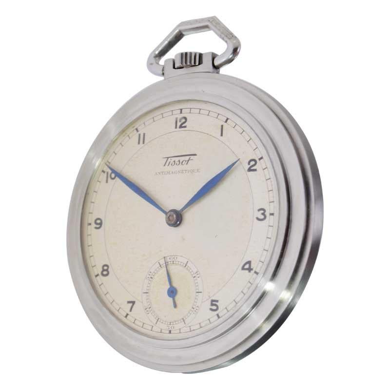 Women's or Men's Tissot Steel Round Art Deco Pocket Watch with Original Dial from 1930's For Sale