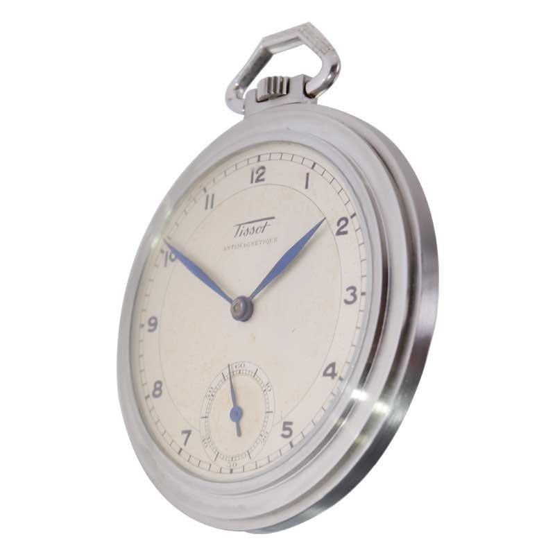 Tissot Steel Round Art Deco Pocket Watch with Original Dial from 1930's For Sale 1