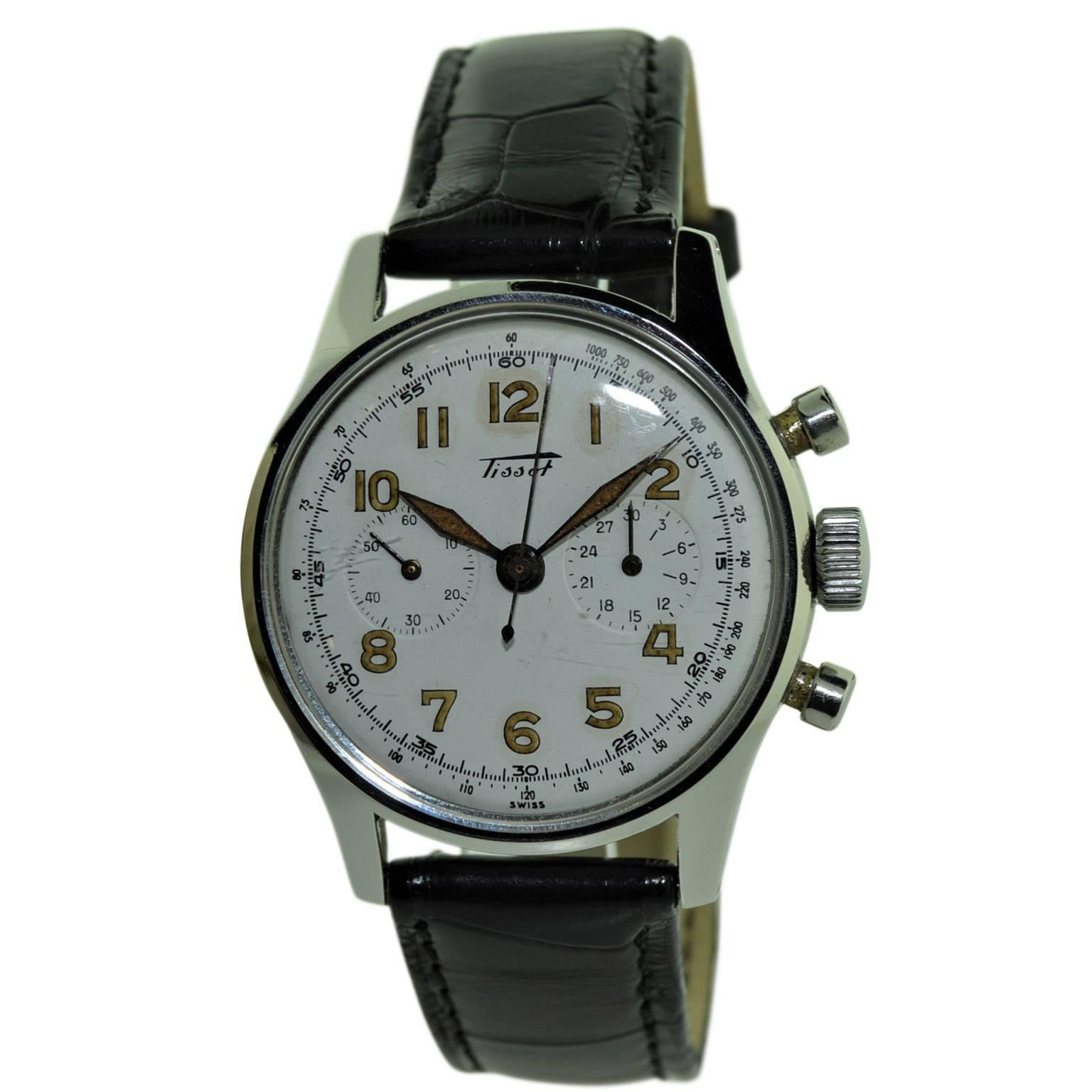 FACTORY / HOUSE: Tissot Watch Company
STYLE / REFERENCE: Round / Art Deco
METAL / MATERIAL: Stainless Steel 
CIRCA: 1950's
DIMENSIONS: Length 42mm X Diameter 34mm
MOVEMENT / CALIBER: Manual Winding / 17 Jewels / Cal. Valjoux
DIAL / HANDS: Silvered