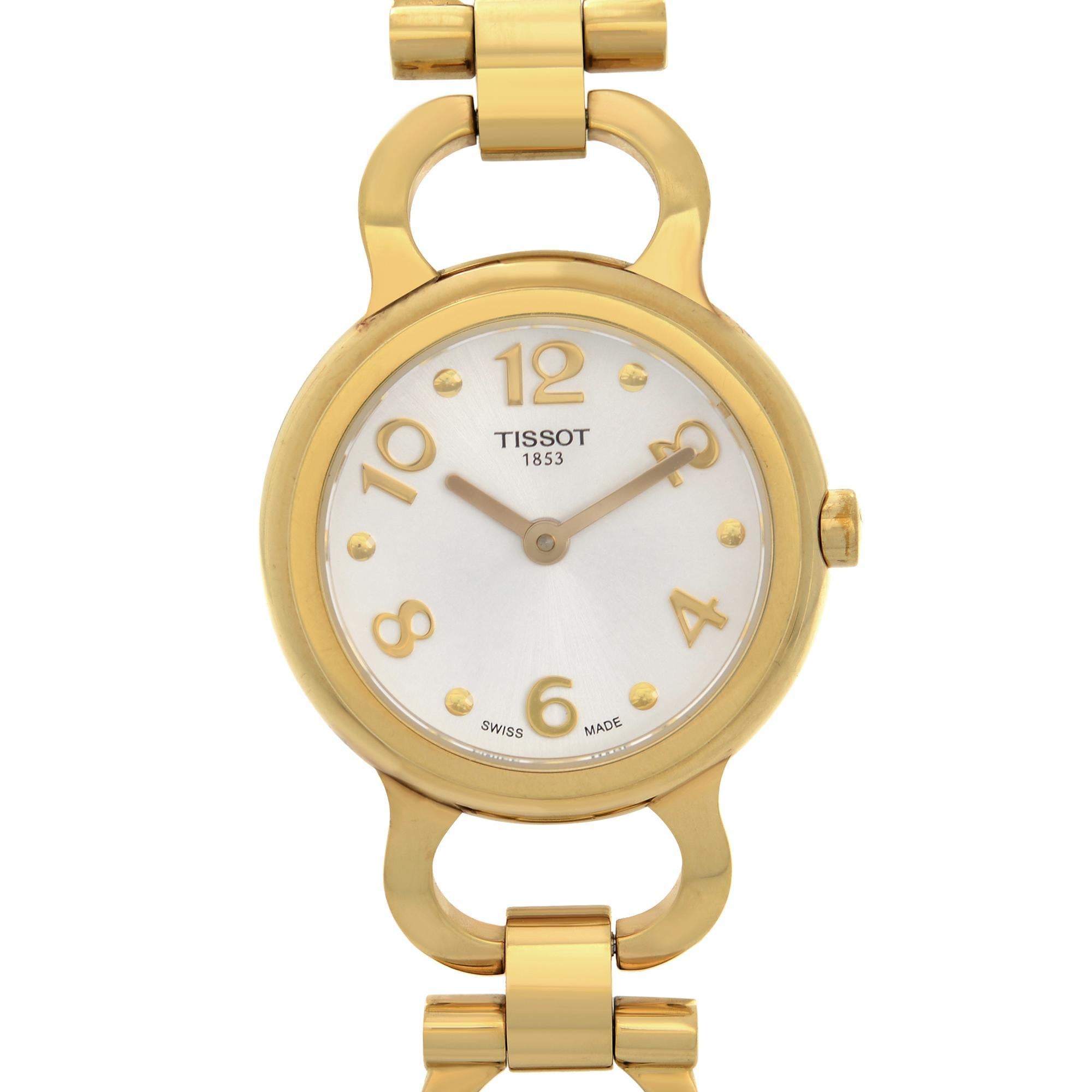 Pre-owned Tissot T-Classic Gold-Tone Steel Silver Dial Ladies Quartz Watch T0290093303701. The Watch has Scratches on the case and bracelet and Minor Oxidation Near the Lugs. This Timepiece is Powered by a Quartz Movement and Features: Gold PVD
