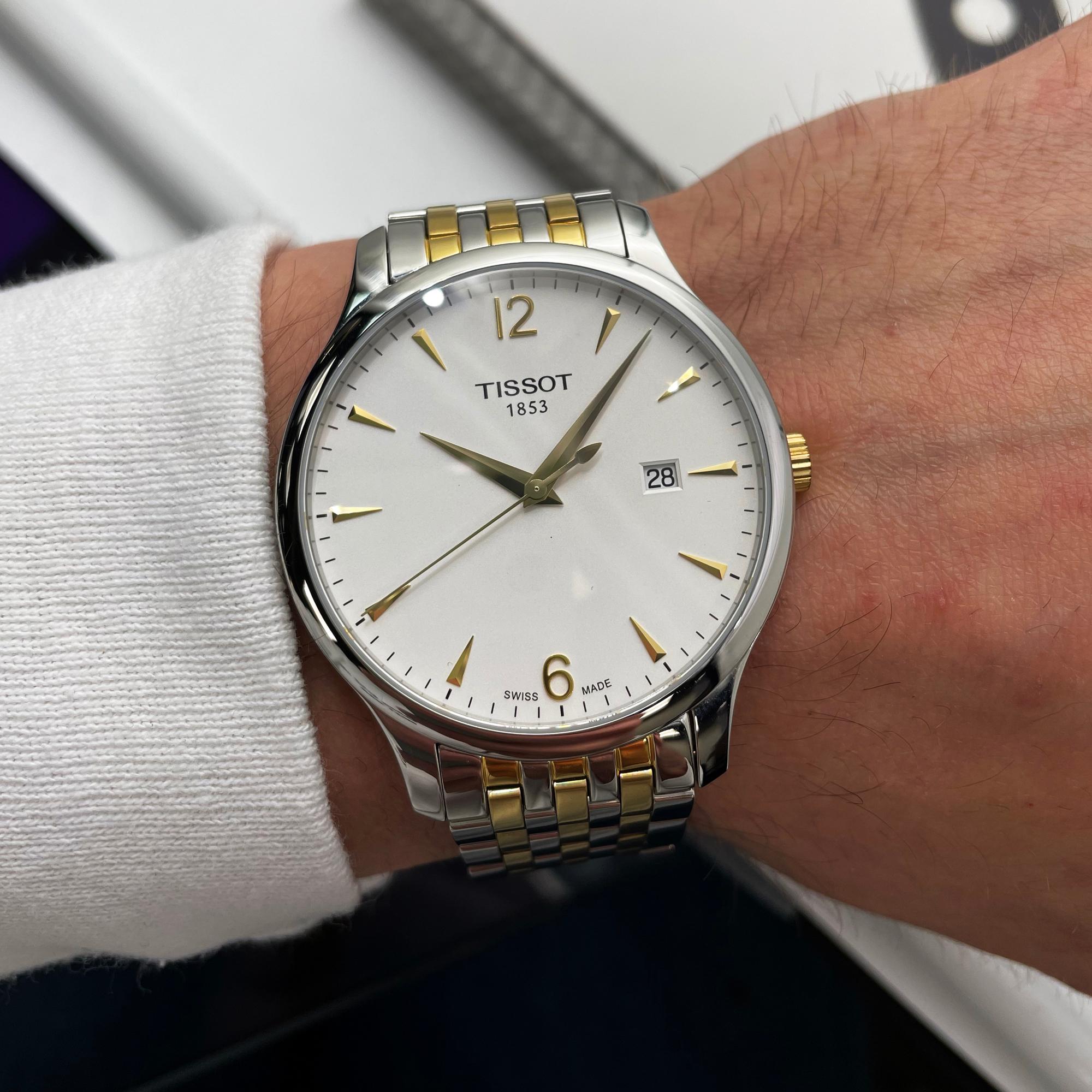 Tissot T-Classic Two Tone Steel White Dial Quartz Watch T063.610.22.037.00 In New Condition In New York, NY