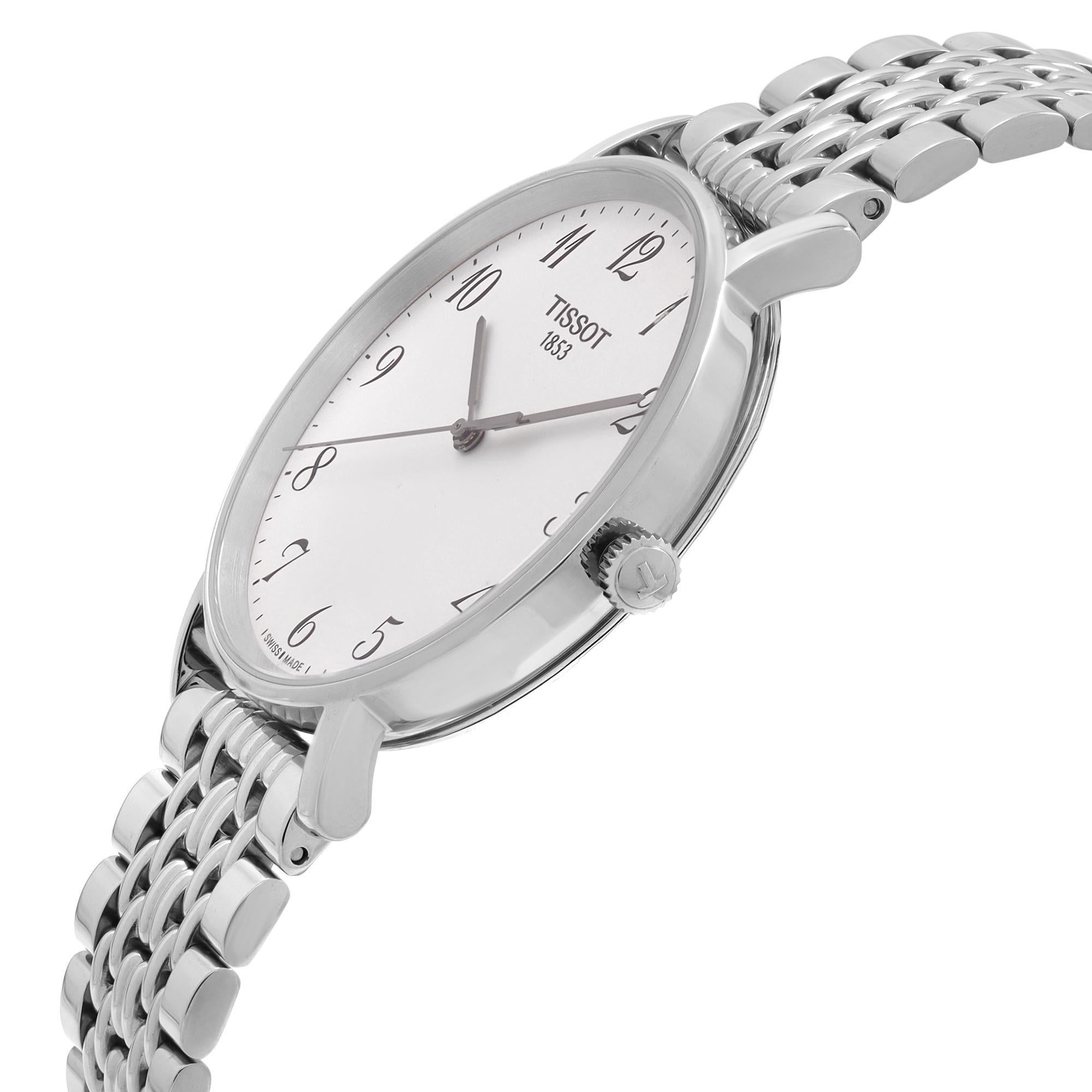 Unworn Tissot T-Classic Unisex Quartz Watch T109.410.11.032.00. This Beautiful Timepiece Features: Stainless Steel Case and Bracelet. Silver Dial with Hour, Minute and Second Hands. This Watch is Water Resistant at 30 meters. Original Box and Papers
