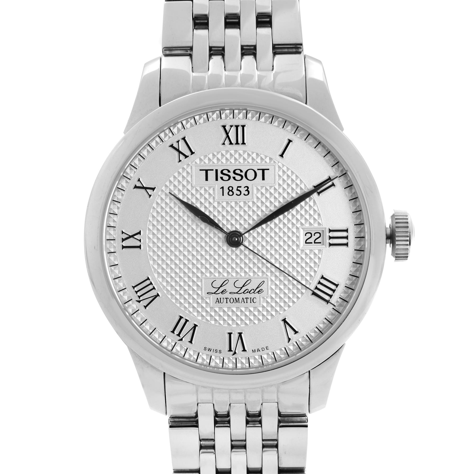 Display Model Tissot T-Classic Le Loche Stainless Steel Silver Hobnail Dial Men's Automatic Watch T41148333. This Beautiful Timepiece Features: Stainless Steel Case with a  Stainless Steel Bracelet. Fixed Steel Bezel. Silver Guilloche Dial with