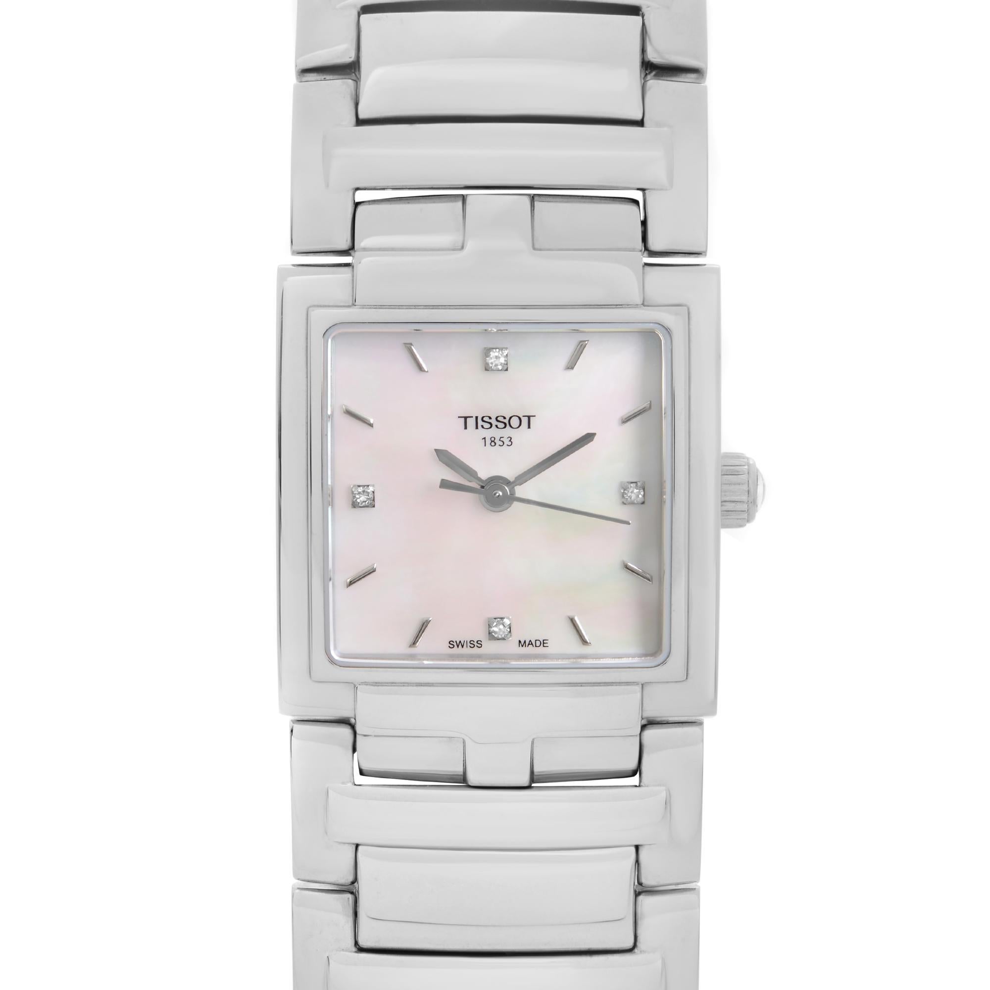 Display Model Tissot T-Evocation Steel MOP Diamond Dial Ladies Quartz Watch T051.310.11.116.00. This Beautiful Timepiece is Powered by a Quartz (Battery) Movement and Features: Stainless Steel Case and Bracelet, Mother of Pearl Dial with Silver-Tone