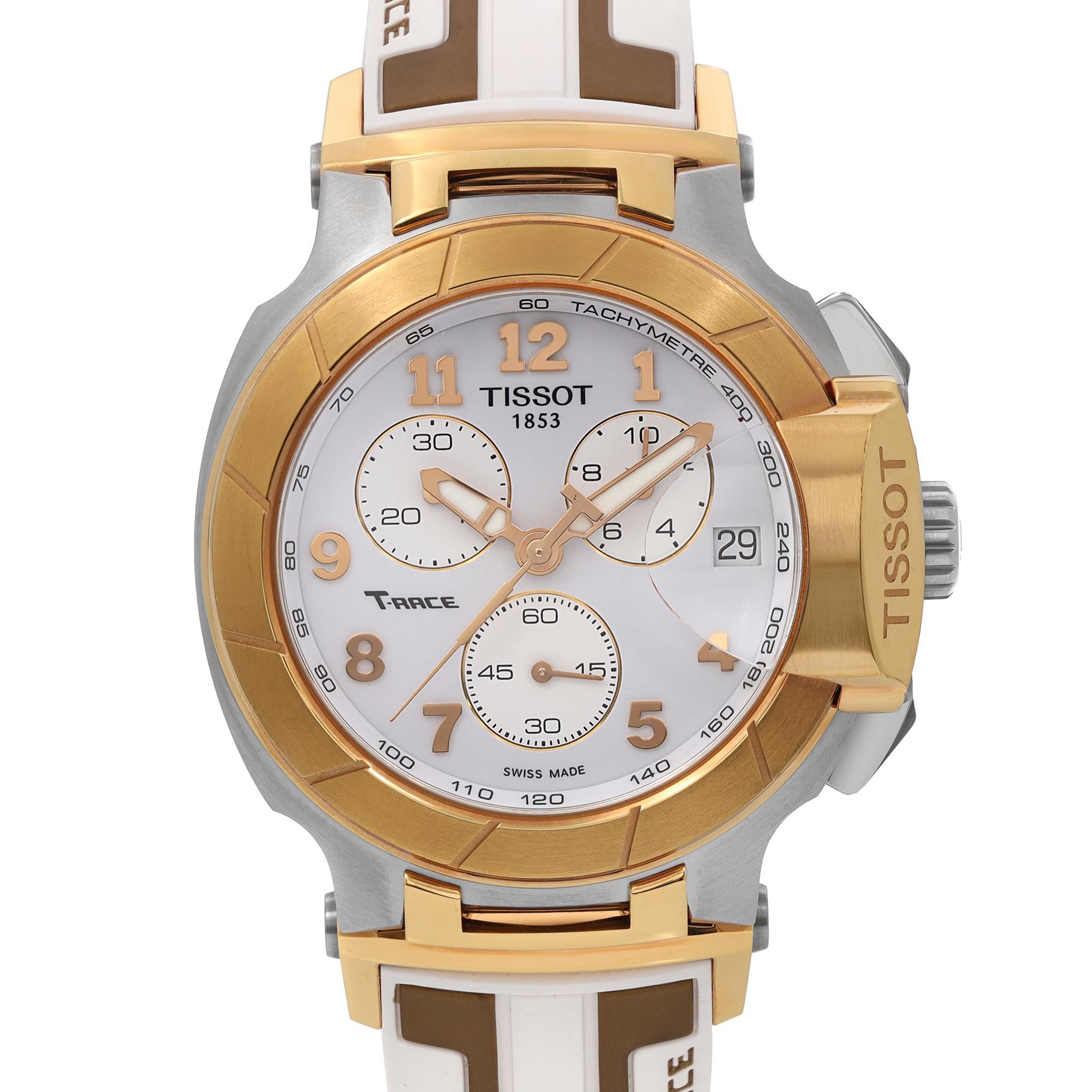 Pre-owned Tissot T-Race Steel Rose Gold-Tone Silicone Men's Quartz Watch T0484172701200. Minor Blemishes on the Bezel. This Beautiful Timepiece is Powered by Quartz (Battery) Movement And Features: Round Stainless Steel Case, White & Brown Tone