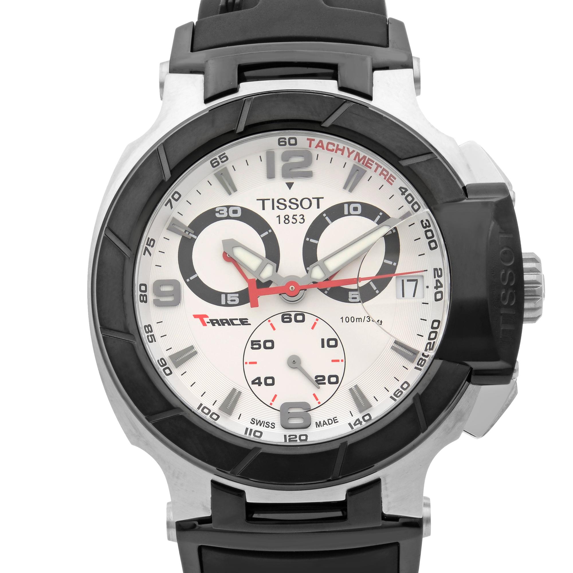This pre-owned mint condition Tissot T-Race  T048.417.27.037.00 is a beautiful men's timepiece that is powered by quartz (battery) movement which is cased in a stainless steel case. It has a round shape face, chronograph, chronograph hand, date